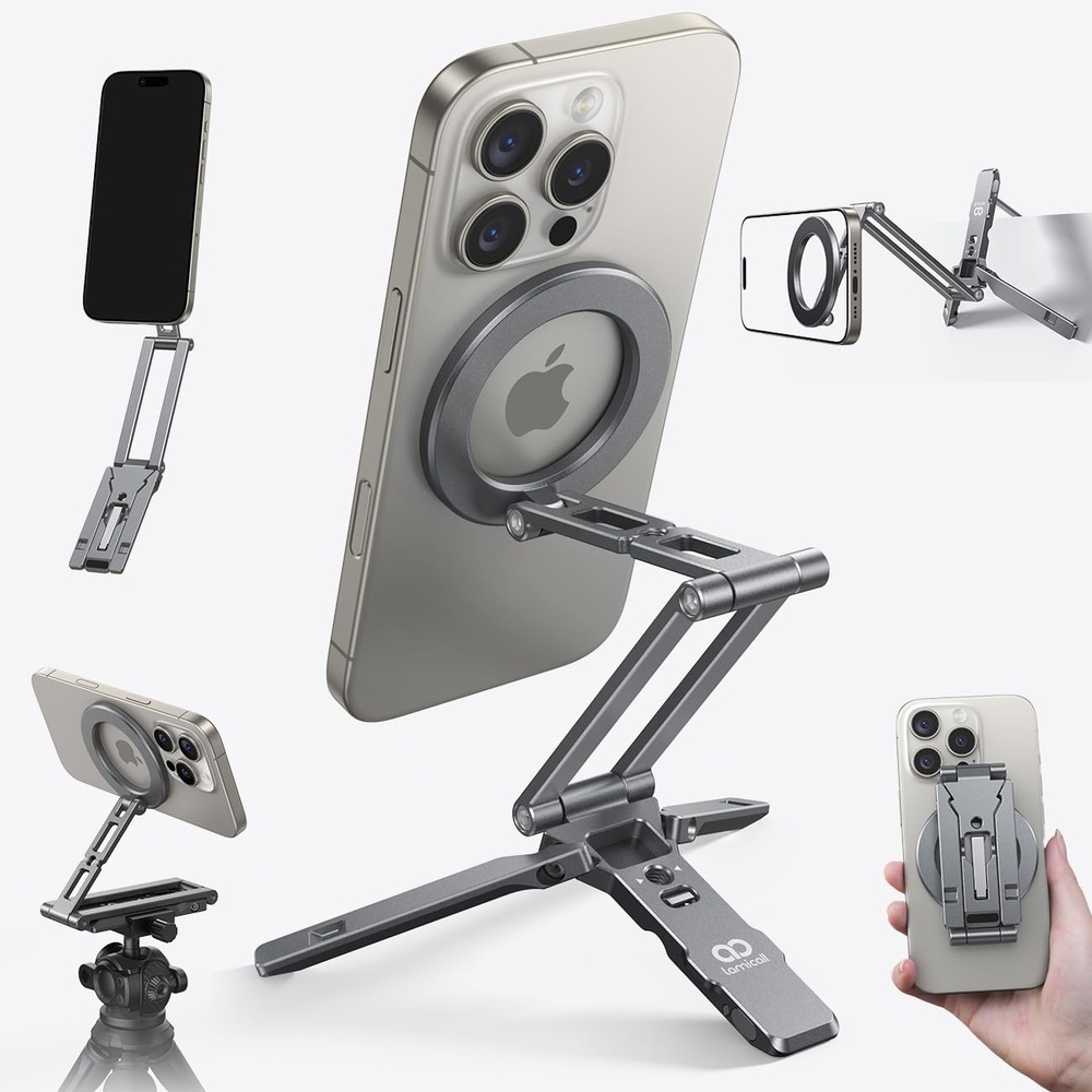 image:imageLamicall for MagSafe Tripod Stand UltraCompact with 14 Screw Arca Hook Aluminum Magnetic Tripod for iPhone Flexible 20x Magnet Phone Stand Gift Accessories for Women Men for iPhone 17 16 15 BlackNEW Upgraded Dark Gray