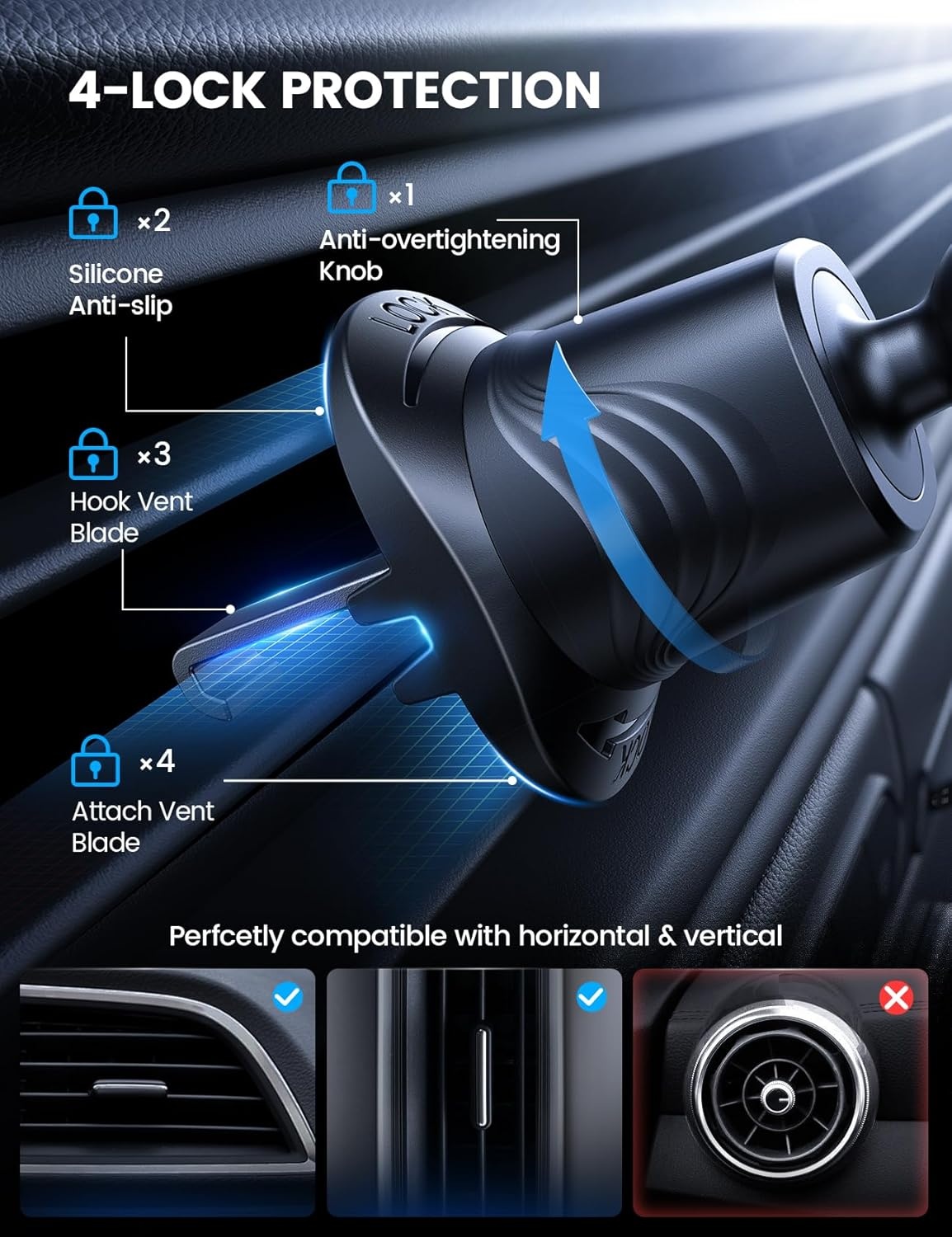 image:imageLamicall Car Phone Holder Dashboard Vent Windshield 70 LBS Suction 3in1 Thick Cases Friendly Phone Holders for Your Car Metal Hook Mount 360 Rotation for iPhone 17 16 15 Pro Max Galaxy SmartphoneBlack