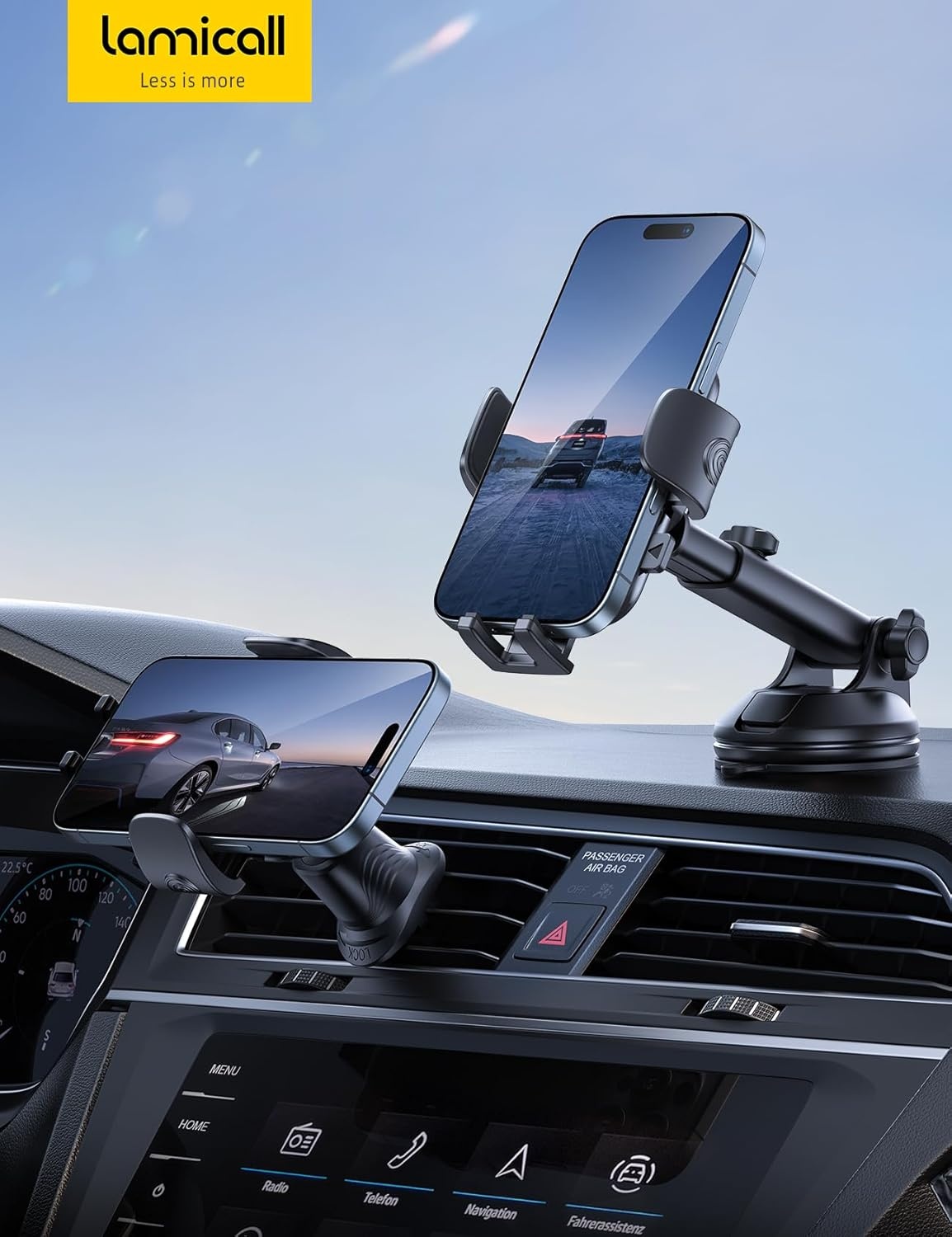 image:imageLamicall Car Phone Holder Dashboard Vent Windshield 70 LBS Suction 3in1 Thick Cases Friendly Phone Holders for Your Car Metal Hook Mount 360 Rotation for iPhone 17 16 15 Pro Max Galaxy SmartphoneBlack