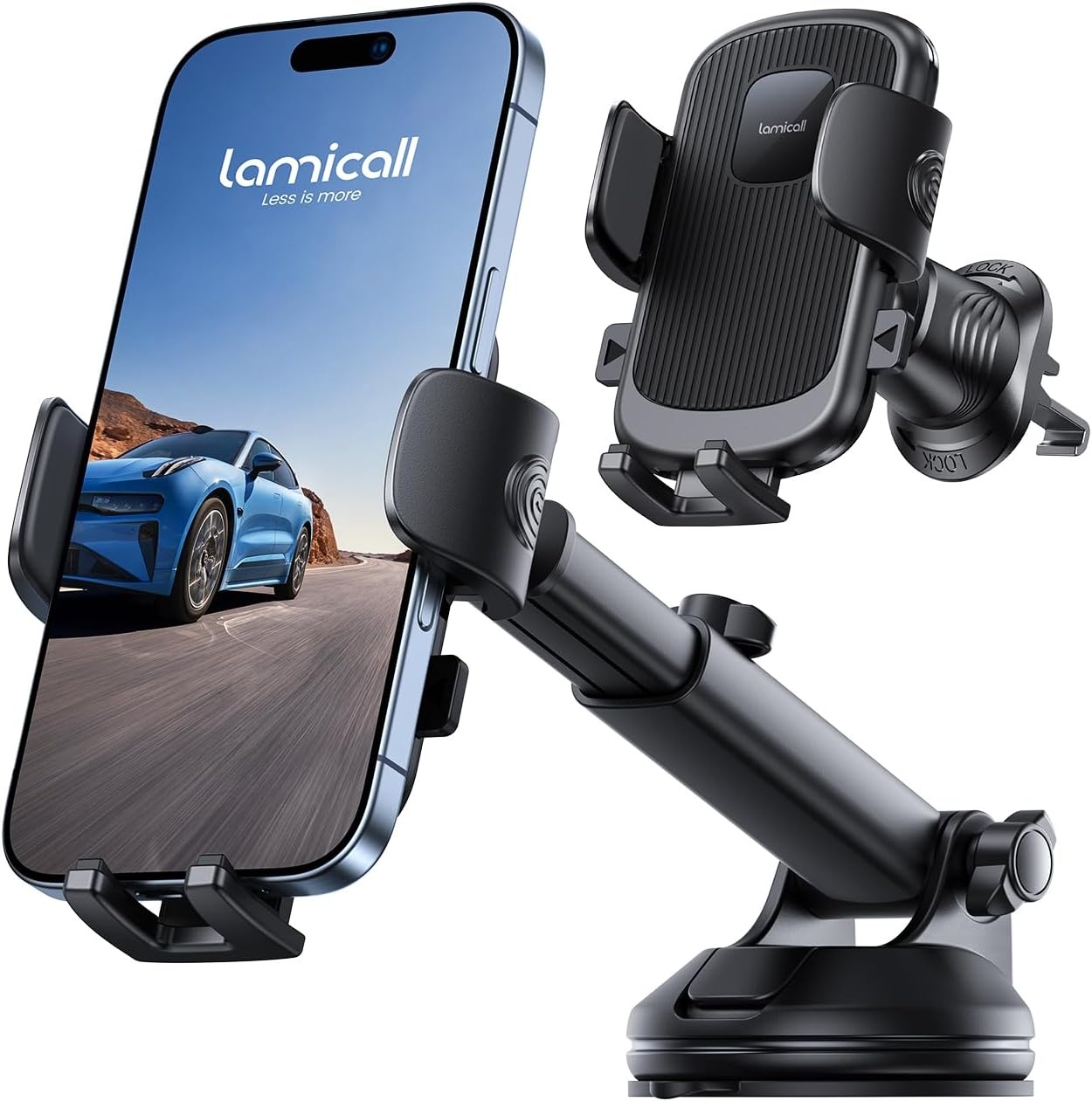 image:imageLamicall Car Phone Holder Dashboard Vent Windshield 70 LBS Suction 3in1 Thick Cases Friendly Phone Holders for Your Car Metal Hook Mount 360 Rotation for iPhone 17 16 15 Pro Max Galaxy SmartphoneBlack