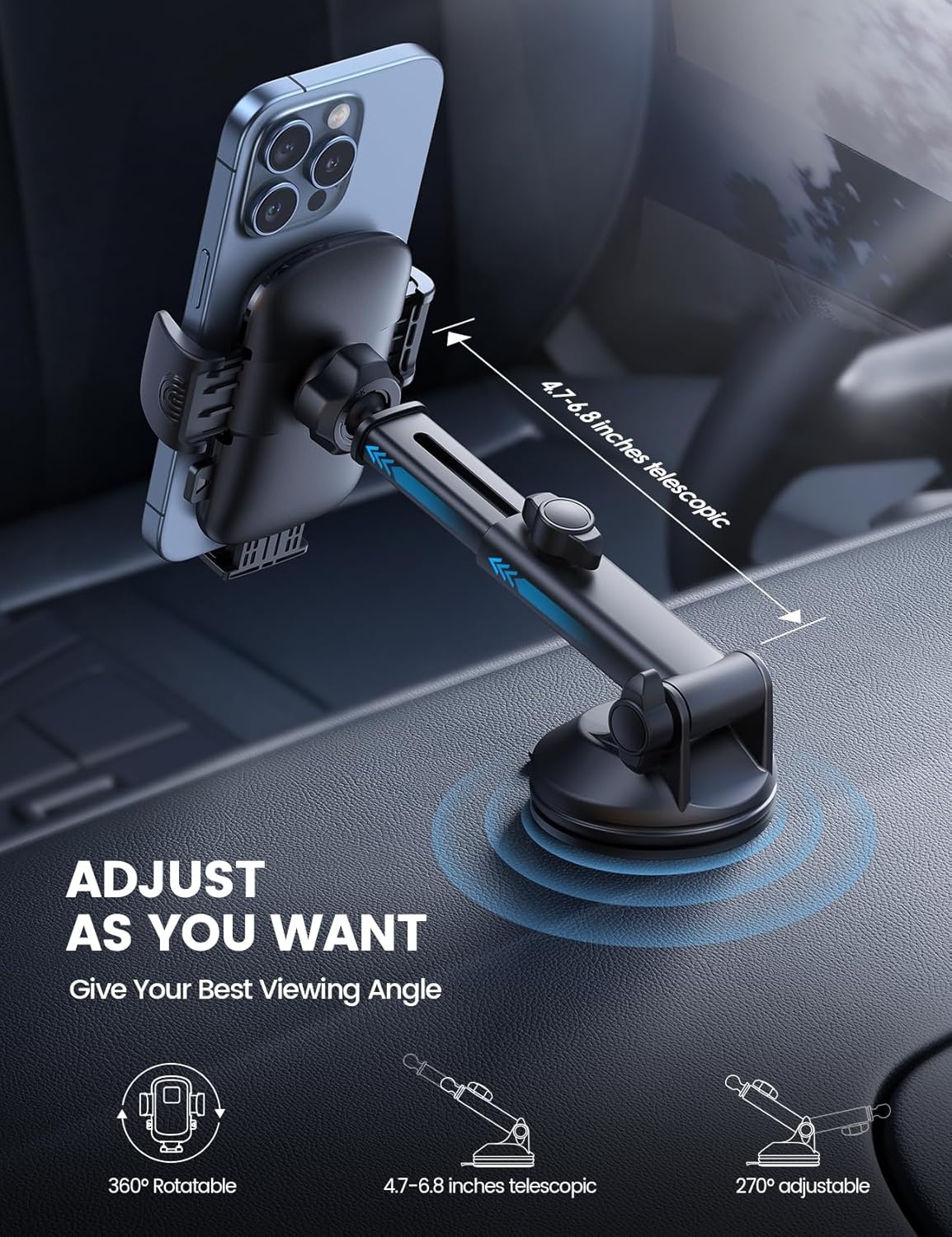 image:imageLamicall Car Phone Holder Dashboard Vent Windshield 70 LBS Suction 3in1 Thick Cases Friendly Phone Holders for Your Car Metal Hook Mount 360 Rotation for iPhone 17 16 15 Pro Max Galaxy SmartphoneNEW Upgraded Lucite black
