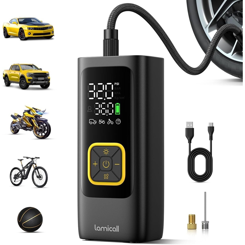 image:imageLamicall Car Tire Inflator Portable Air Compressor 4X Faster 150 PSI  with Auto Stop Rechargeable Pressure Gauge Display LED Light Car Accessories Automatic Air Pump for Motorcycle Bike BallBlack