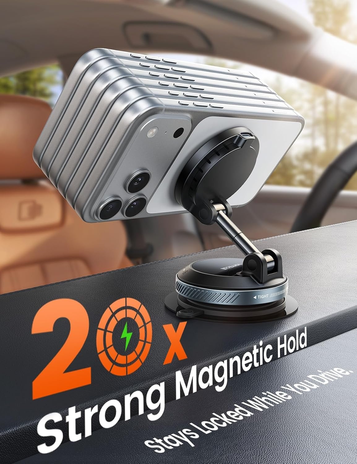 image:imageLamicall 15W for MagSafe Car Mount Charger 360 Wireless Car Phone Holder Dual USBC Ports Magnetic Phone Holder for Car 70 LBS Vacuum Suction Phone Mount for iPhone 17 16 Pro Max Truck Jeep Black64mm