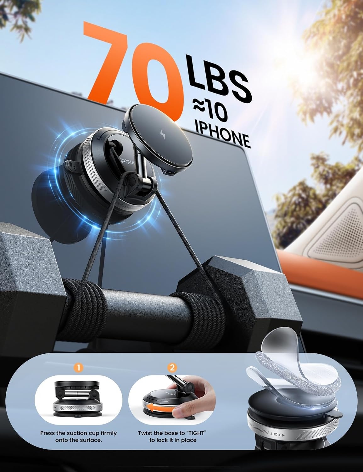 image:imageLamicall 15W for MagSafe Car Mount Charger 360 Wireless Car Phone Holder Dual USBC Ports Magnetic Phone Holder for Car 70 LBS Vacuum Suction Phone Mount for iPhone 17 16 Pro Max Truck Jeep BlackNew Upgraded 63mm