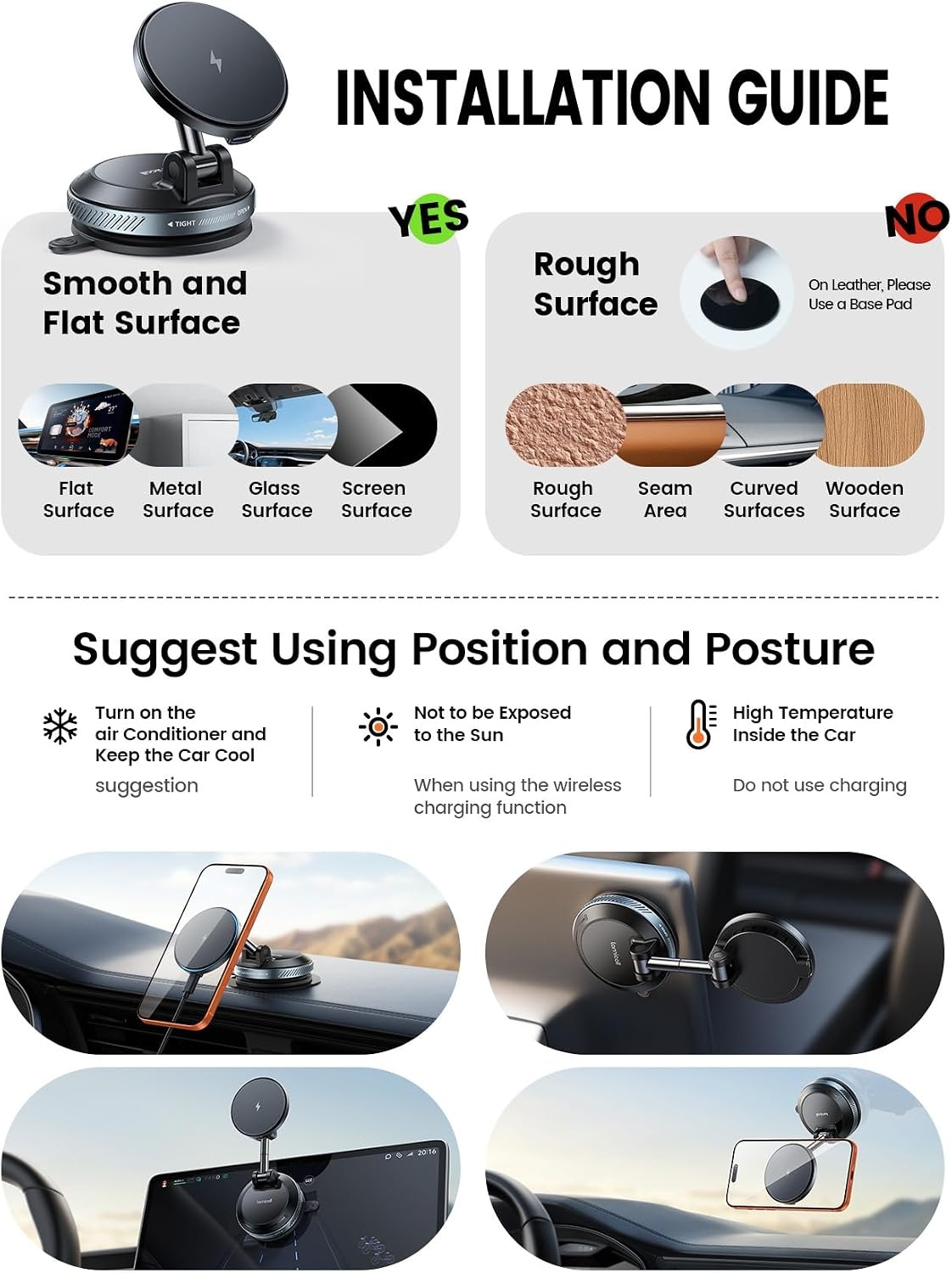 image:imageLamicall 15W for MagSafe Car Mount Charger 360 Wireless Car Phone Holder Dual USBC Ports Magnetic Phone Holder for Car 70 LBS Vacuum Suction Phone Mount for iPhone 17 16 Pro Max Truck Jeep Black64mm