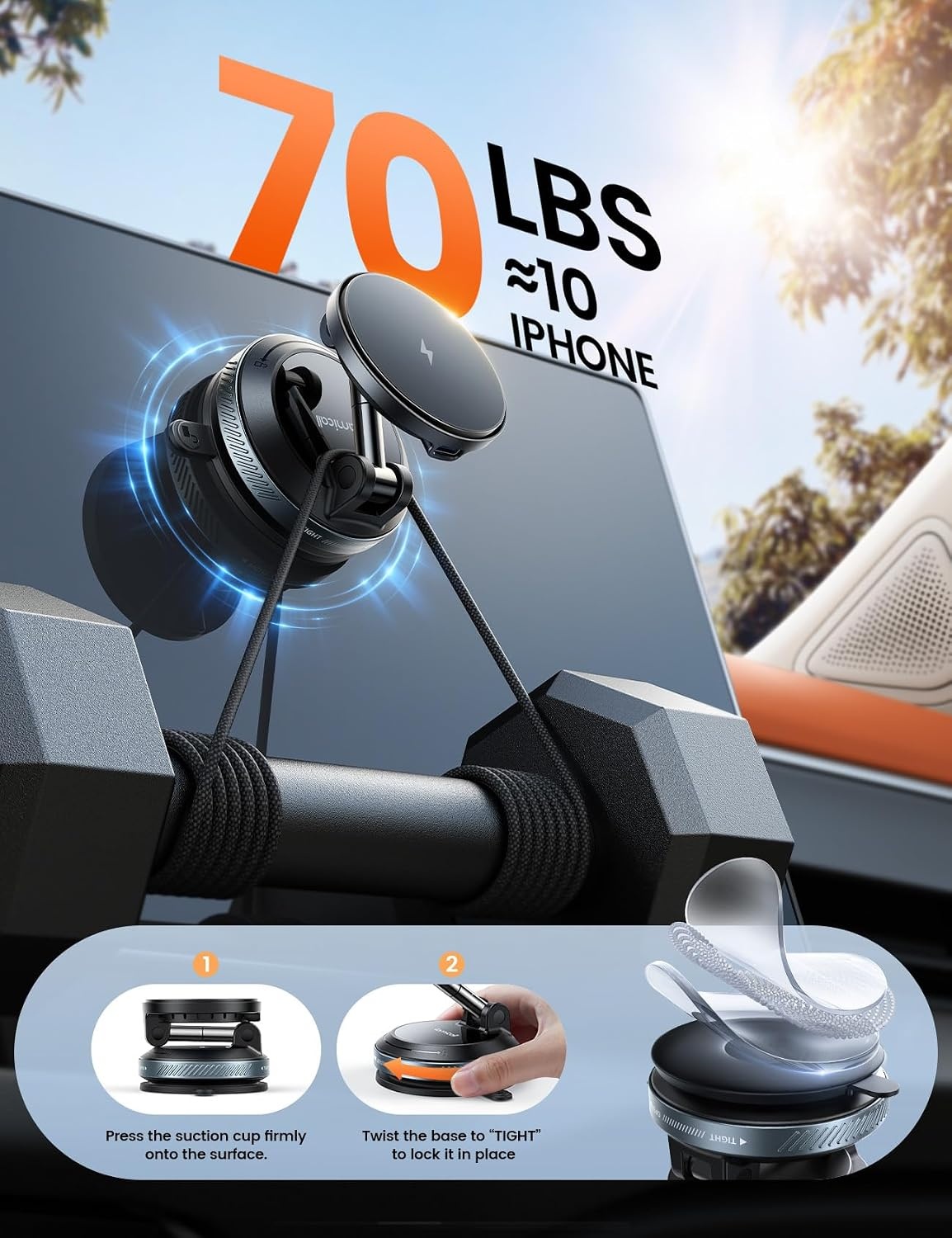 image:imageLamicall 15W for MagSafe Car Mount Charger 360 Wireless Car Phone Holder Dual USBC Ports Magnetic Phone Holder for Car 70 LBS Vacuum Suction Phone Mount for iPhone 17 16 Pro Max Truck Jeep Black64mm