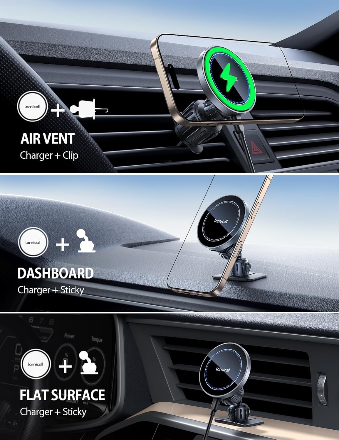 image:imageLamicall 15W for MagSafe Car Mount Charger Vent Dashboard 360 for iPhone 20x Strong Magnets Wireless Car Phone Holder Charger Phone Holder Accessories for Women Men for iPhone 17 16 Pro Max SilverNEW Upgraded Silver