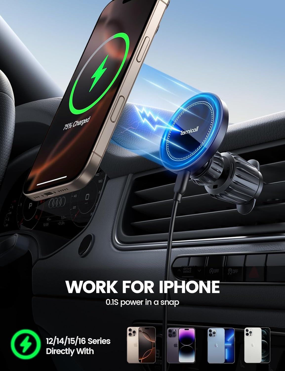 image:imageLamicall 15W for MagSafe Car Mount Charger Vent Dashboard 360 for iPhone 20x Strong Magnets Wireless Car Phone Holder Charger Phone Holder Accessories for Women Men for iPhone 17 16 Pro Max SilverBlack