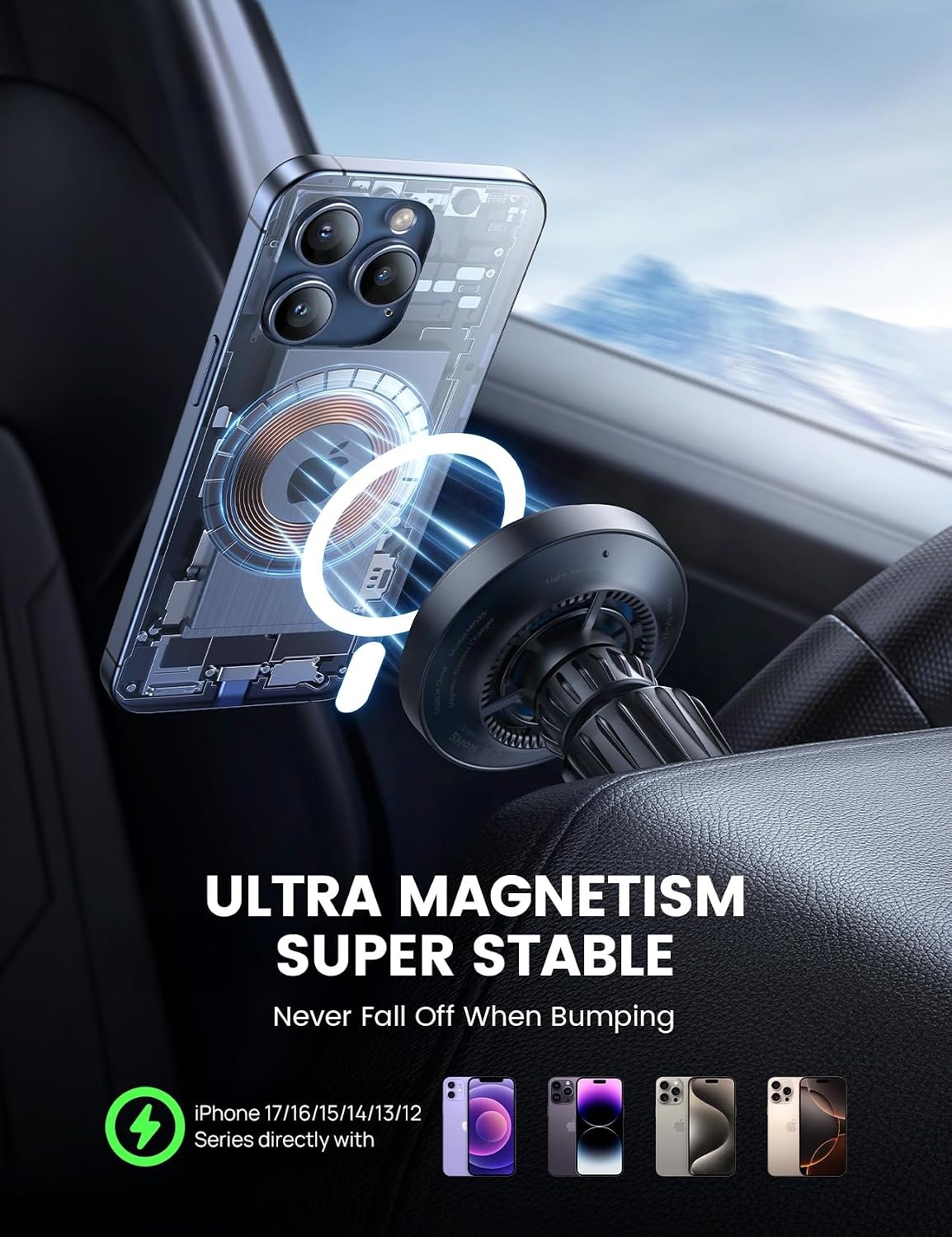 image:imageLamicall 15W for QI2 Magsafe Car Mount Charger Vent Dashboard RGB LED 360 Wireless Car Phone Holder HandsFree Magnetic Phone Holder for Car Charging for iPhone 17 Air Pro Max Plus 16 15 14 13 12Black