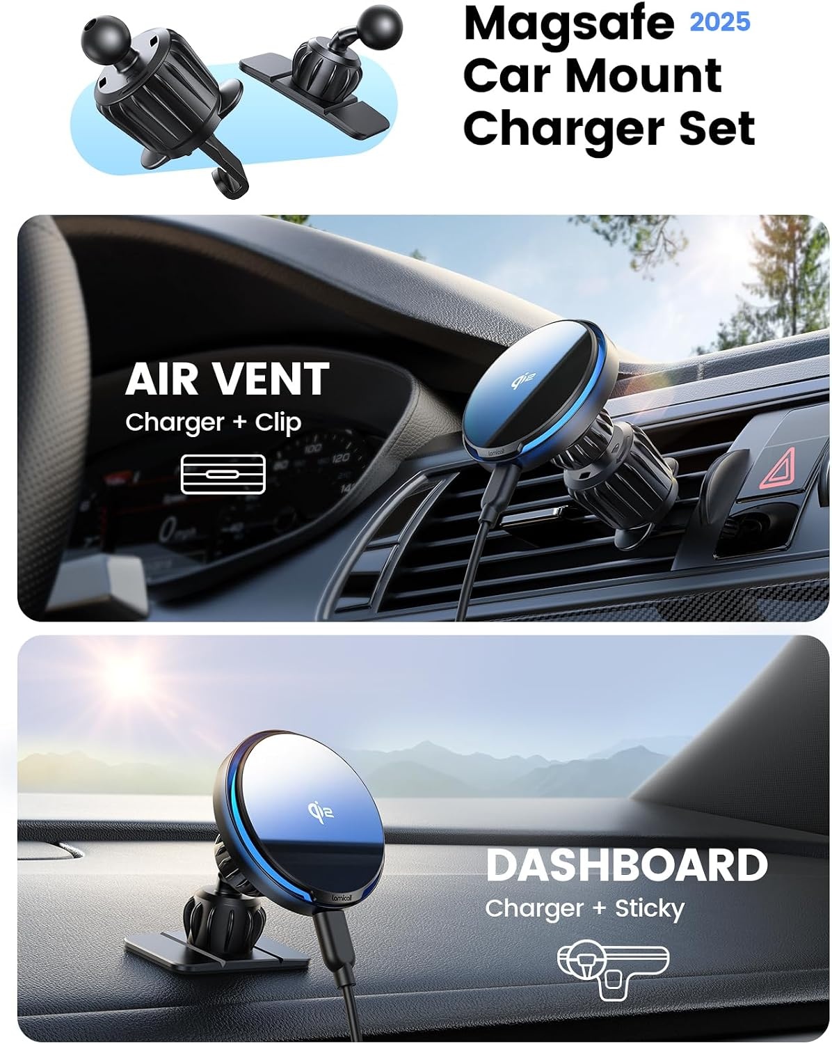 image:imageLamicall 15W for QI2 Magsafe Car Mount Charger Vent Dashboard RGB LED 360 Wireless Car Phone Holder HandsFree Magnetic Phone Holder for Car Charging for iPhone 17 Air Pro Max Plus 16 15 14 13 12Black