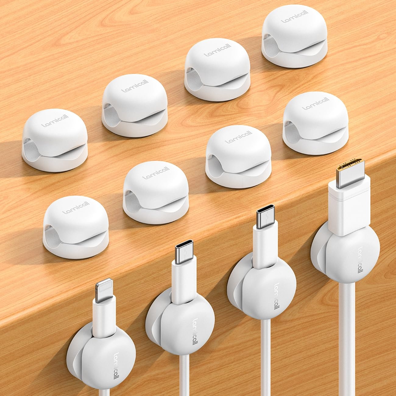 image:imageLamicall 6 Pack Cable Clips Compact Spring Cord Organizer Holder for Desk Smaller Space Saving Cable Management Clips Nightstand Phone Charger Holder Adhesive Wire Keeper Desk Office AccessoriesWhite