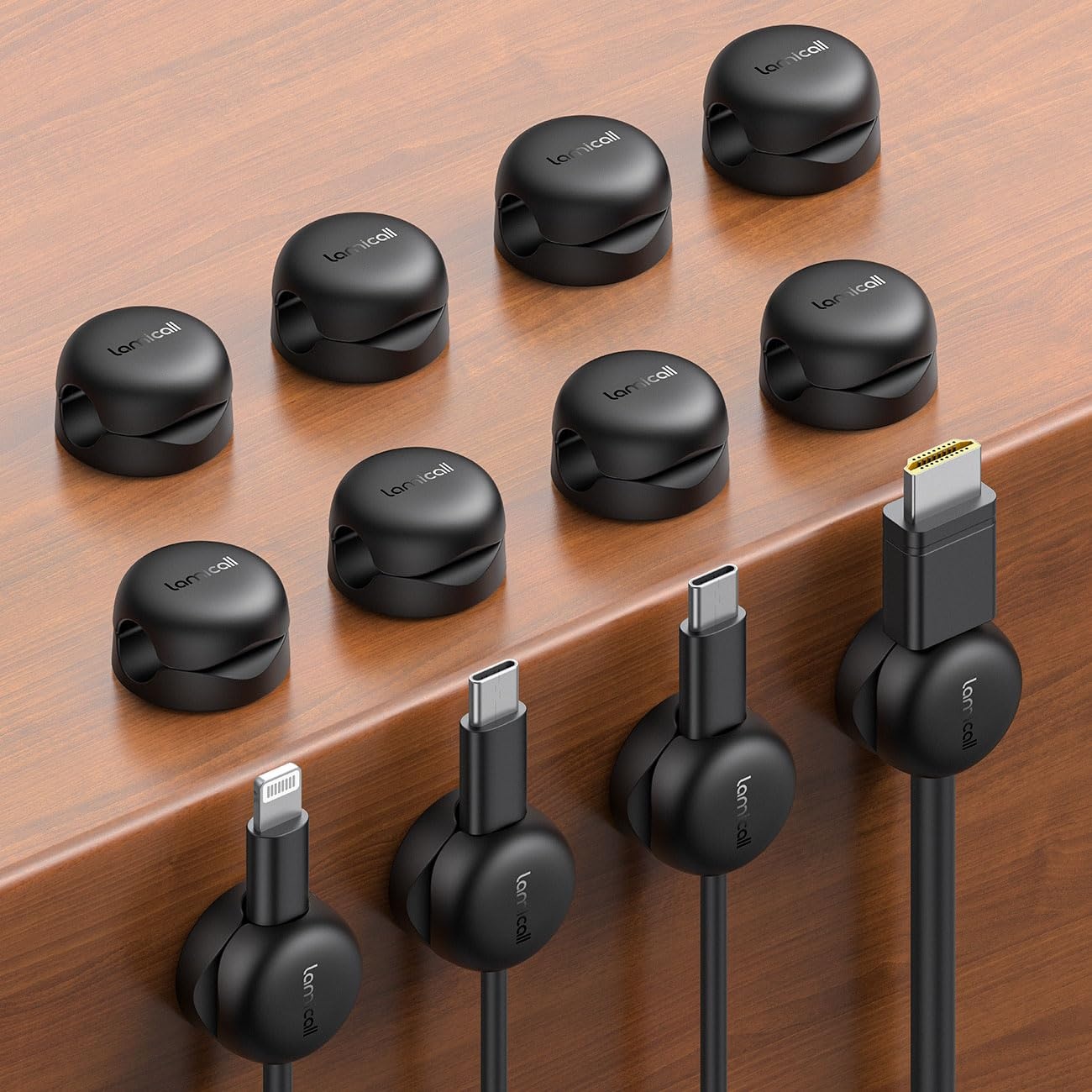 image:imageLamicall 6 Pack Cable Clips Compact Spring Cord Organizer Holder for Desk Smaller Space Saving Cable Management Clips Nightstand Phone Charger Holder Adhesive Wire Keeper Desk Office AccessoriesBlack