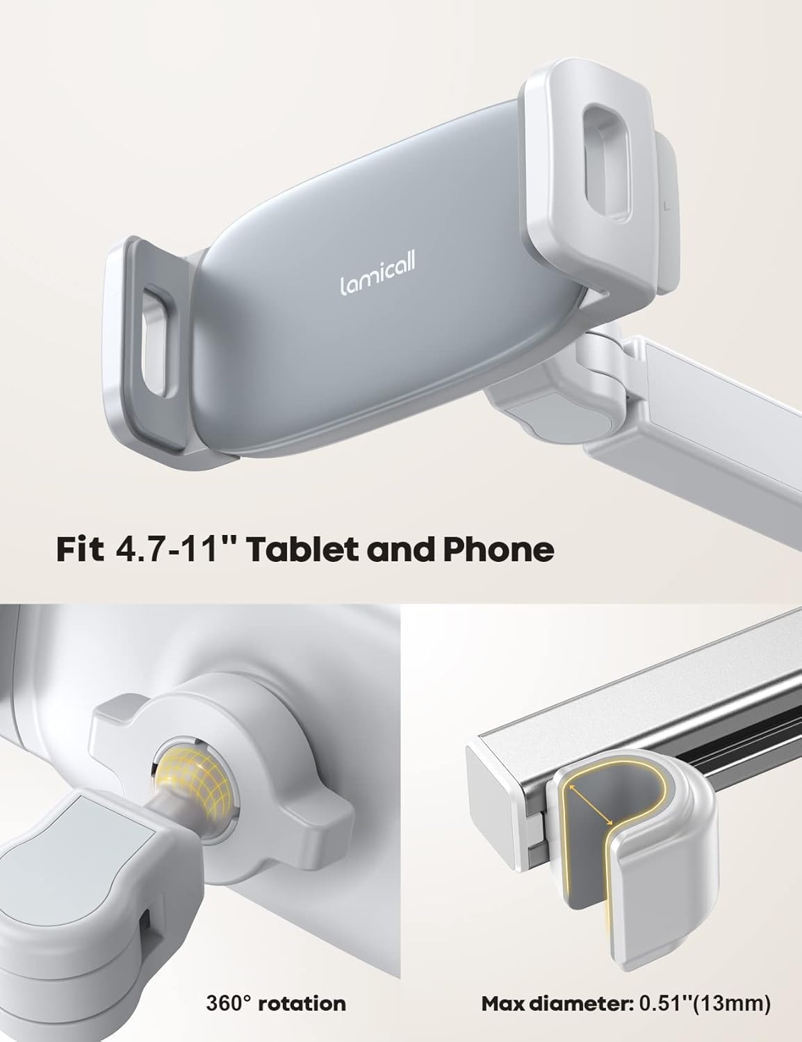 image:imageLamicall Car Headrest Tablet Holder 3 in 1 Extension Adjustable Arm Tablet Car Mount for Back Seat Gifts Road Trip Essentials for Kids for 4711 Devices iPad Pro Air Mini Galaxy Fire HDWhite