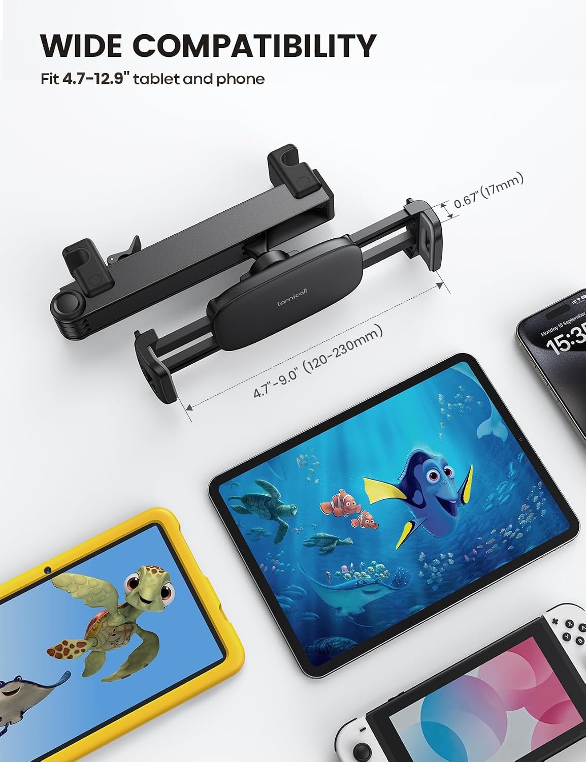 image:imageLamicall Car Headrest Tablet Holder Lockable Car Backseat Mount 3 in 1 Extension Arm Gifts Road Trip Essentials for Kids for iPad Pro Air Mini Fire HD 4713 Tablets
