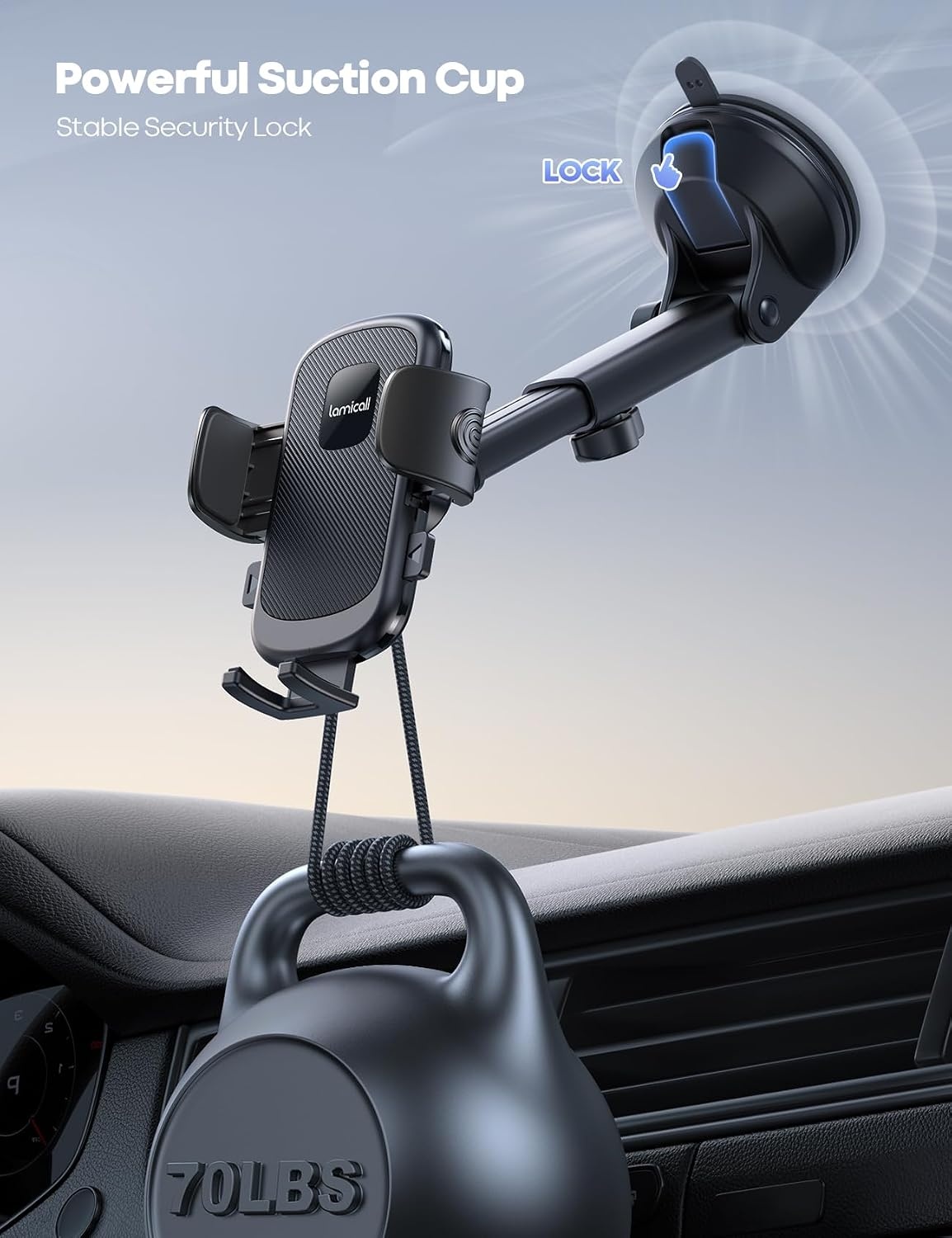 image:imageLamicall Car Phone Holder MilitaryGrade Suction Cup Dashboard Windshield 360 Rotation Phone Holders for Your Car Quick Release Adjustable Phone Mount for Car Truck for iPhone 17 16 15 14 Pro MaxNEW Upgraded Dark Grey
