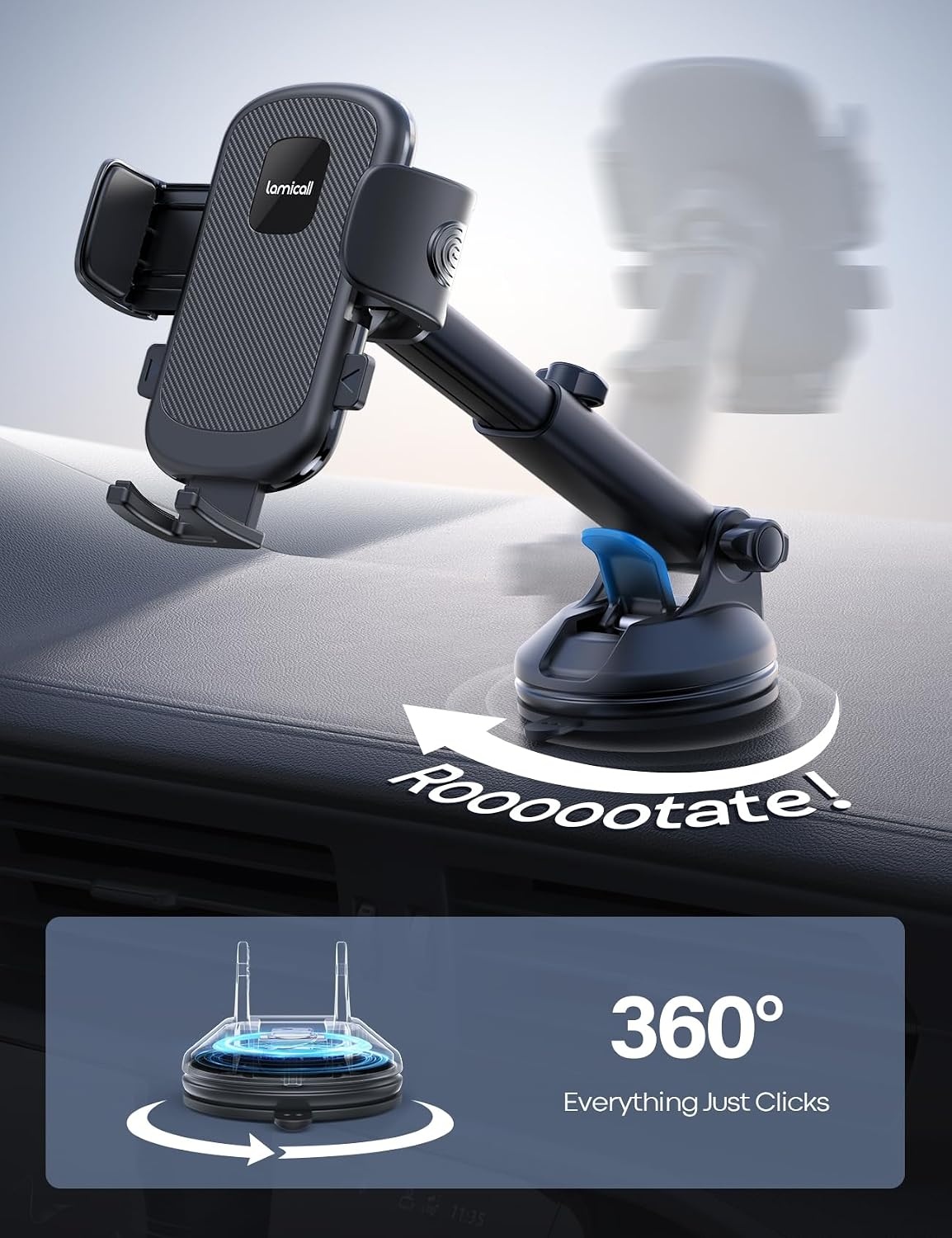 image:imageLamicall Car Phone Holder MilitaryGrade Suction Cup Dashboard Windshield 360 Rotation Phone Holders for Your Car Quick Release Adjustable Phone Mount for Car Truck for iPhone 17 16 15 14 Pro MaxNEW Upgraded Dark Grey
