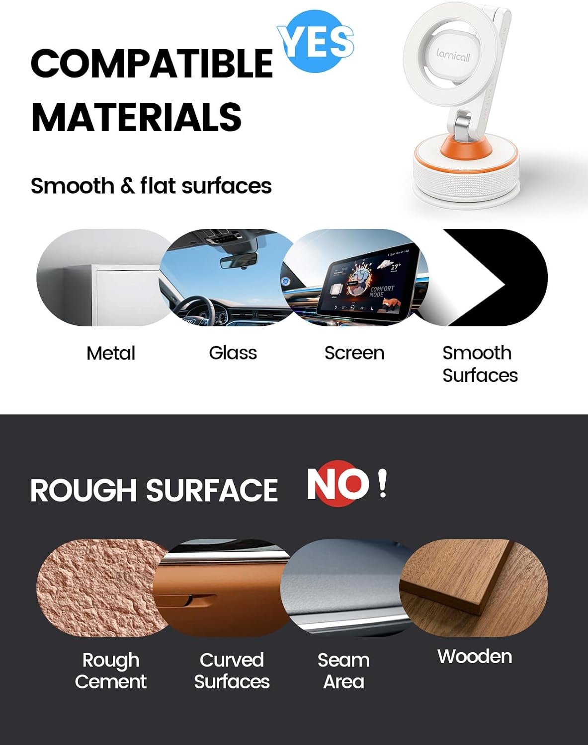 image:imageLamicall Car Phone Holder Mount Ultra Nano Gel amp 70LBS Vacuum Suction Cup 20X Strong Magnets 360 Phone Holders for Your Car Dashboard Windshield Car Mount for iPhone 17 16 15 Pro Max S26 S25 BlackNEW Upgraded White