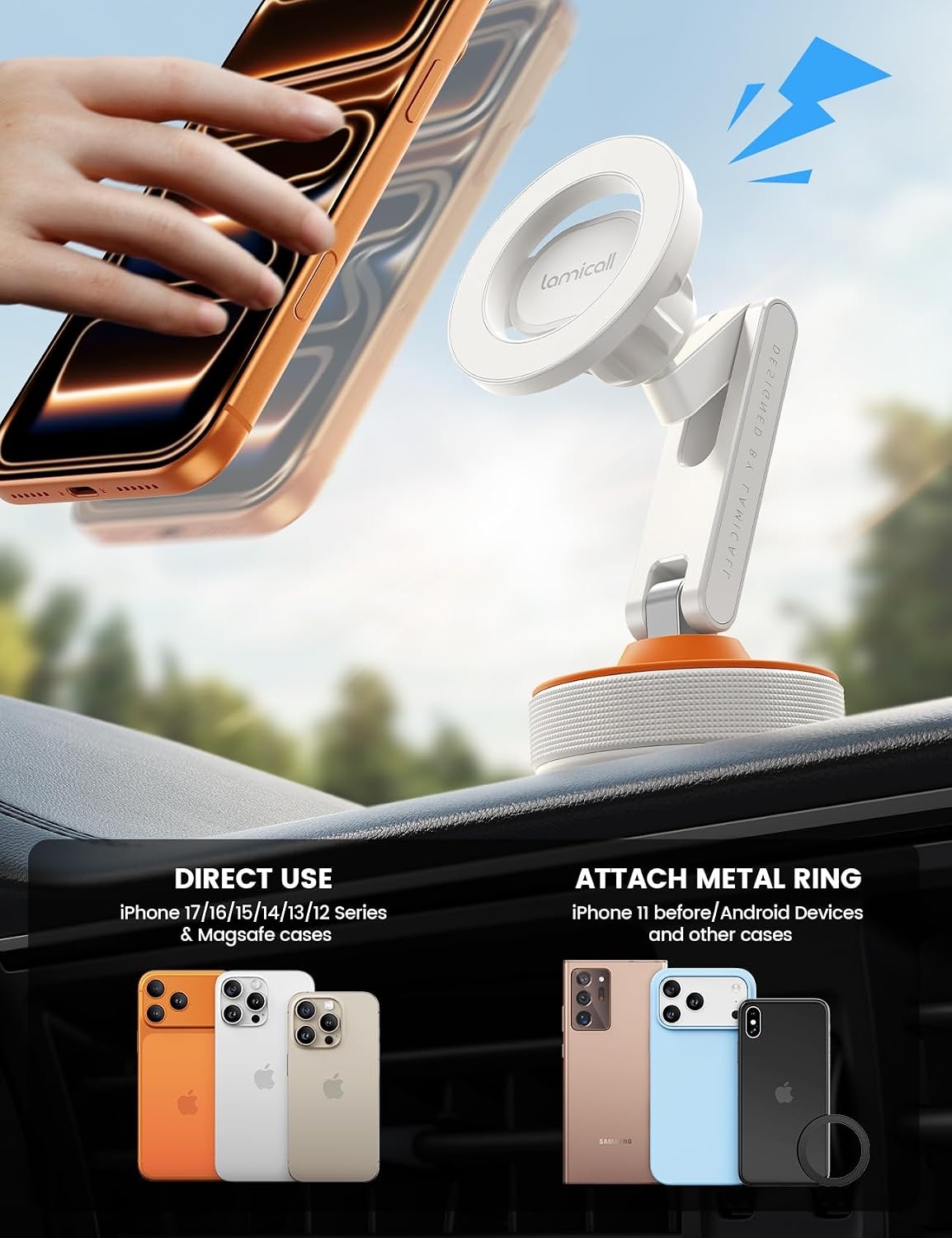 image:imageLamicall Car Phone Holder Mount Ultra Nano Gel amp 70LBS Vacuum Suction Cup 20X Strong Magnets 360 Phone Holders for Your Car Dashboard Windshield Car Mount for iPhone 17 16 15 Pro Max S26 S25 BlackNEW Upgraded White