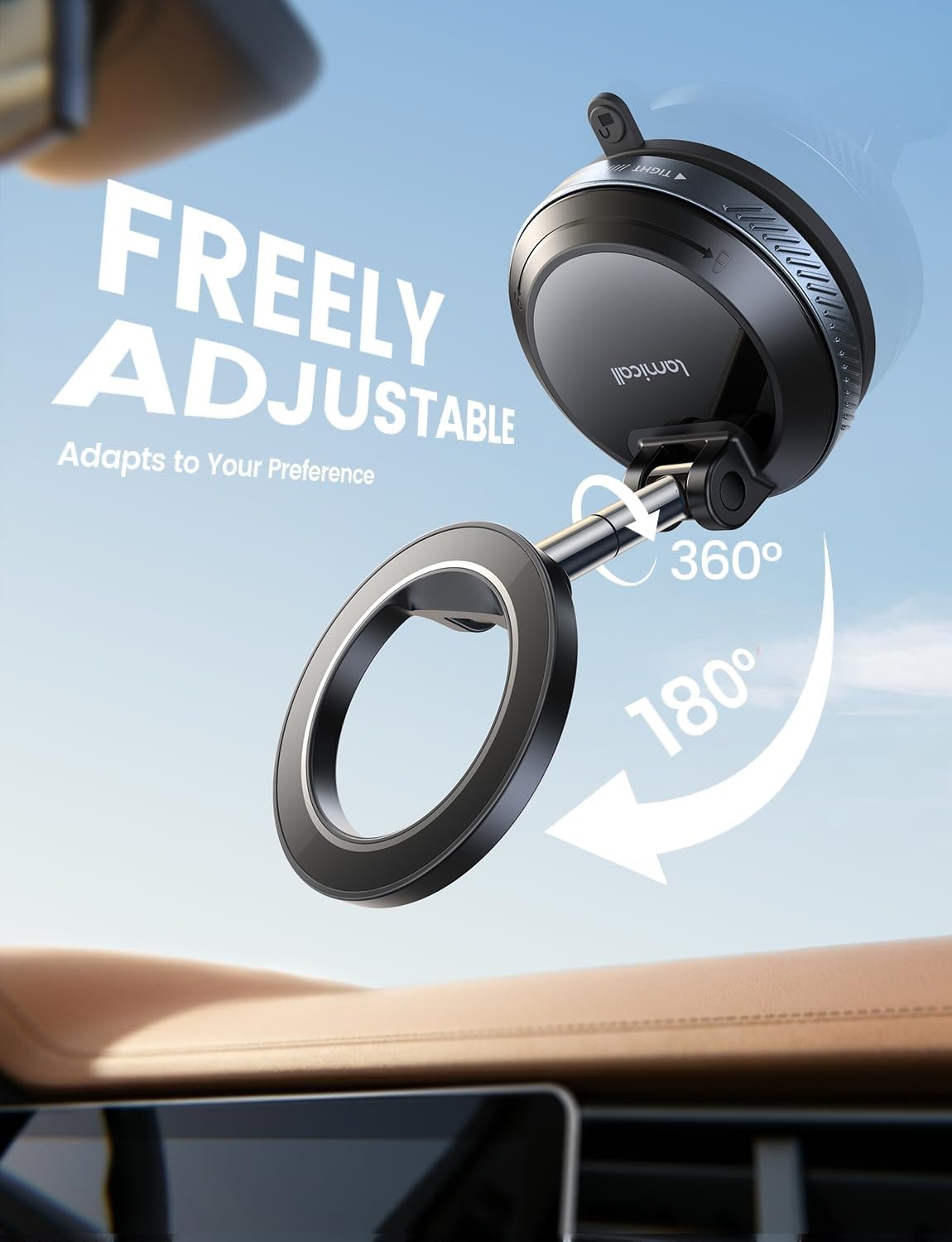 image:imageLamicall Car Phone Holder for Magsafe Dashboard Windshield Nano Gel Vacuum 20X Magnetic Phone Holders for Your Car 360 Suction Cup Phone Mount for iPhone 17 16 15 14 13 12 Pro Max Gift Truck BlackBlack