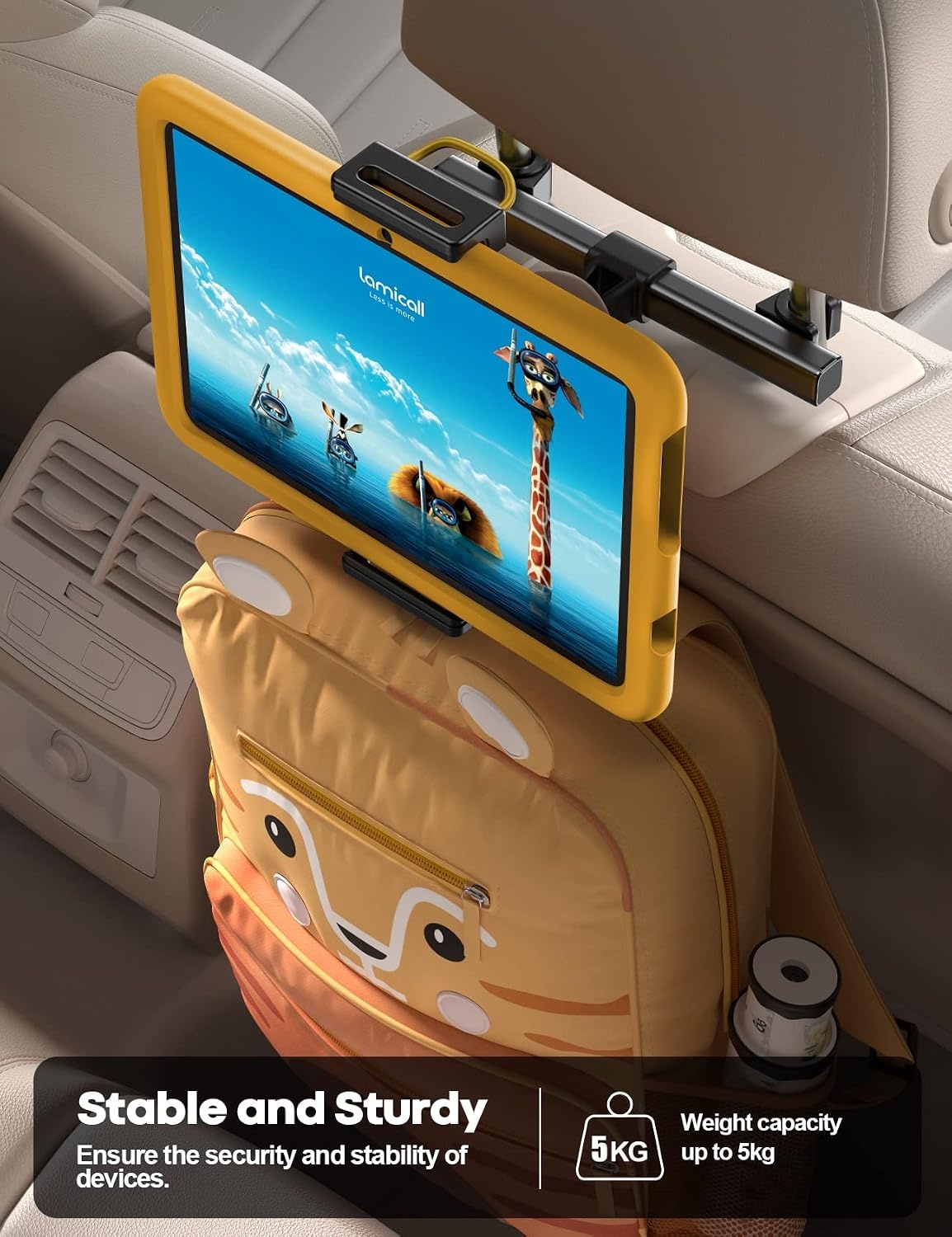 image:imageLamicall Car Tablet Mount Headrest Holder Kids Friendly Travel iPad Clamp Road Trip Essentials Accessories 1s Fast Install 360 Rotate Rubber Protection for 4713 iPad Pro Air Mini Fire HDBlack