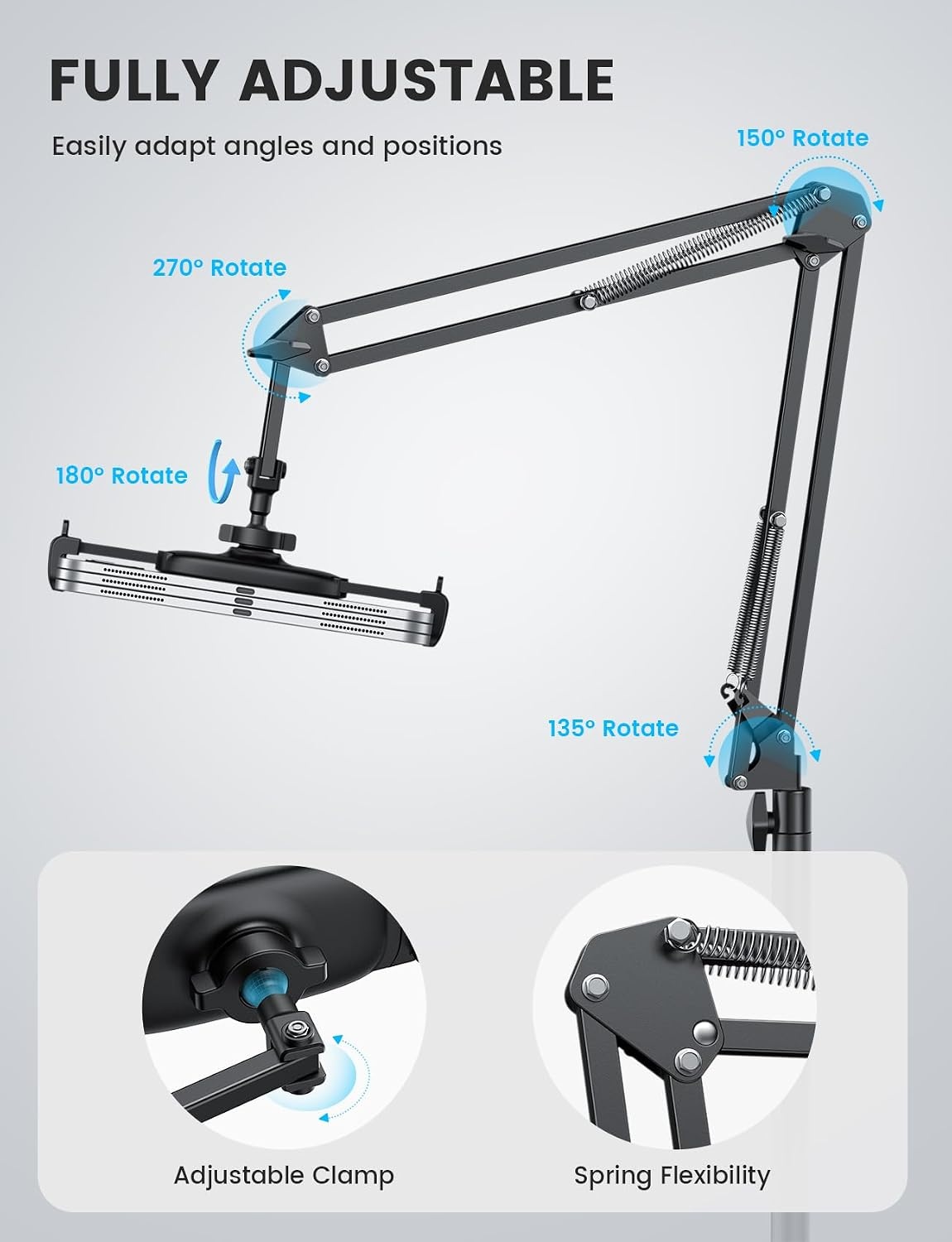 image:imageLamicall Kindle Stand Tablet Holder 55 Height Adjust Extend Flexible Arm Extendable Flexible Arm 55 Height Adjustable Heavy Base Kindle Accessories Bed Tablet Mount for 4713 iPad Pro Air Mini