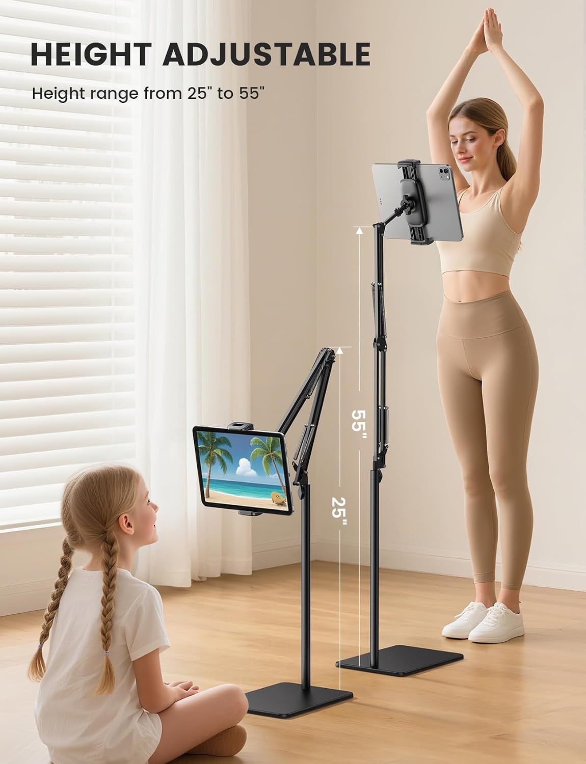 image:imageLamicall Kindle Stand Tablet Holder 55 Height Adjust Extend Flexible Arm Extendable Flexible Arm 55 Height Adjustable Heavy Base Kindle Accessories Bed Tablet Mount for 4713 iPad Pro Air Mini