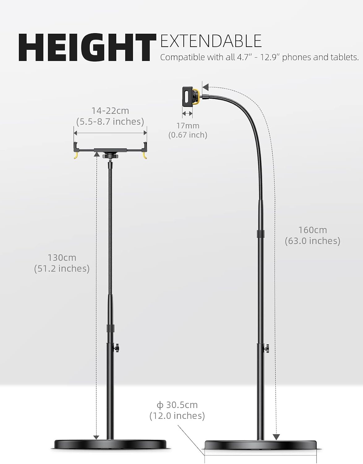 image:imageLamicall Tablet Floor Stand Holder Bed Gooseneck Mount for 4713 iPad 63 Adjustable Height 106lb Ultra Stable BaseFlexible Arm for iPad Pro Air Mini Galaxy Tab Kindle PhonesBlack