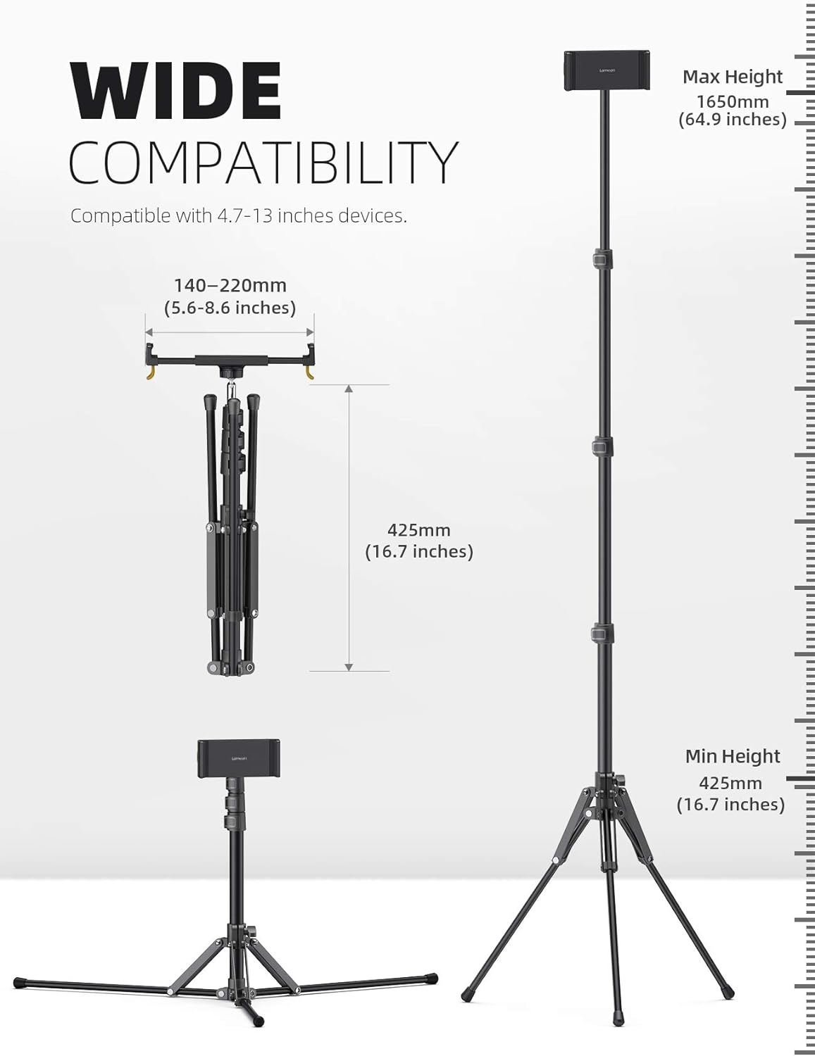image:imageLamicall Tablet Floor Tripod Stand 649 Fast Adjustable Height iPad Holder Tablet Mount with Bluetooth Remote 649 Fast Height Adjust Watching for 4713 iPad Pro Mini Air Kindle iPhone Fire Tabswith Bluetooth