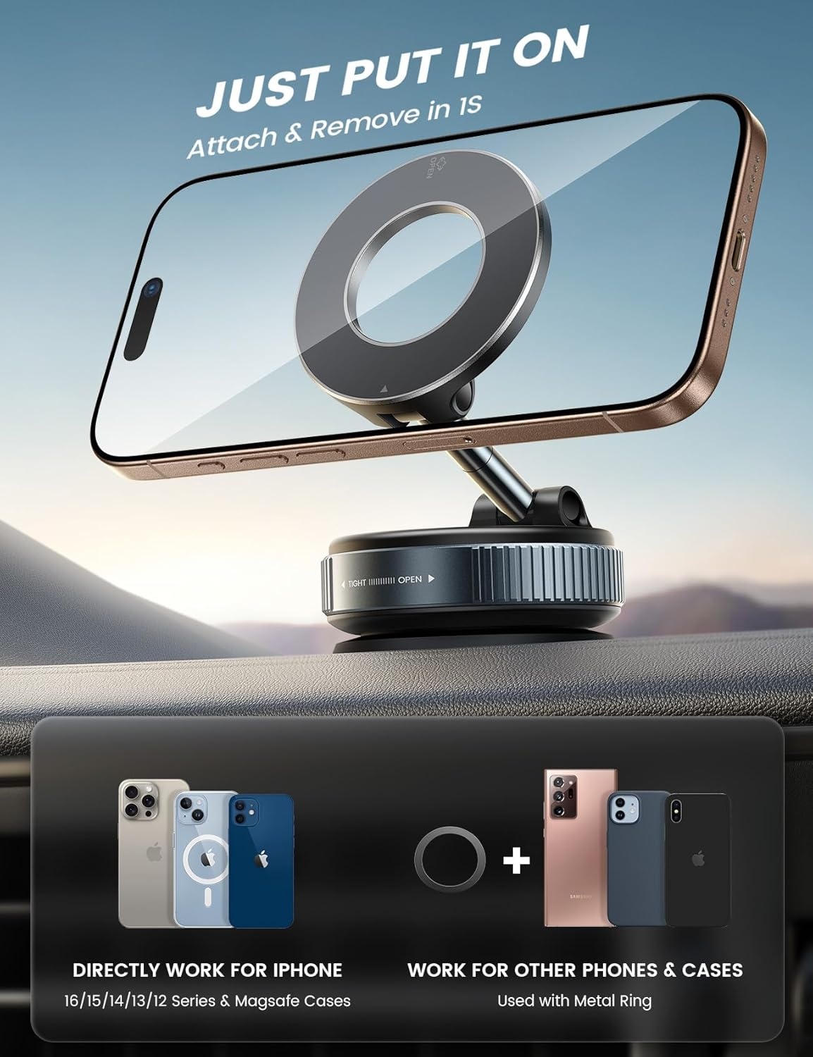 image:imageLamicall for MagSafe Car Mount 70LBS Vacuum Suction Dashboard amp Windshield 20X Magnet Car Phone Holder 360 Foldable Magnetic Phone Holders for Your Car fit iPhone 17 16 15 14 Pro Max Gift Truck BlackBlack