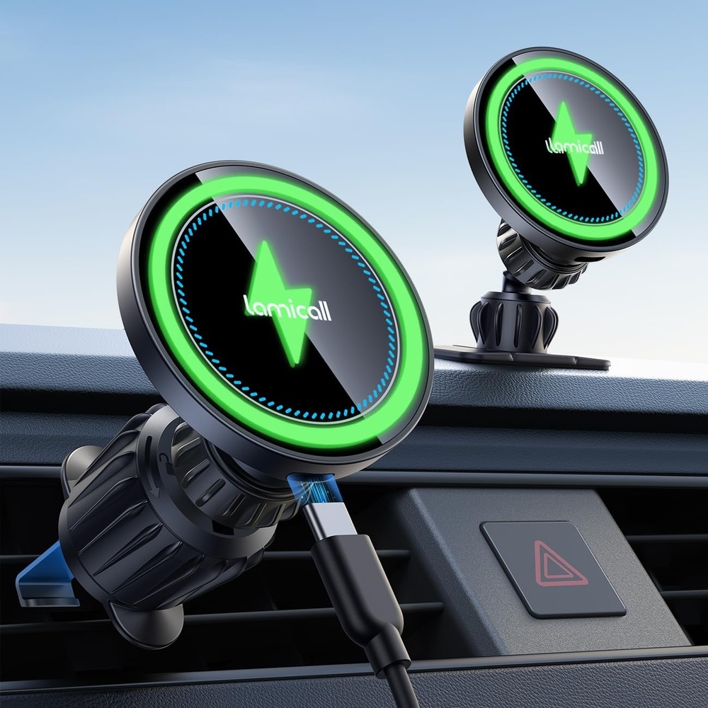 image:imageLamicall 15W for MagSafe Car Mount Charger 20X Strong Magnets Wireless Car Phone Holder Charger Magnetic Phone Holders for Car Vent Dash Accessories for Women Men for iPhone 17 Pro Max Dark Black