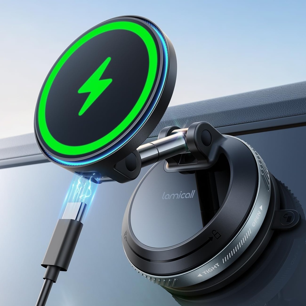 image:imageLamicall 15W for MagSafe Car Mount Charger 360 Wireless Car Phone Holder Dual USBC Ports Magnetic Phone Holder for Car 70 LBS Vacuum Suction Phone Mount for iPhone 17 16 Pro Max Truck Jeep Black64mm