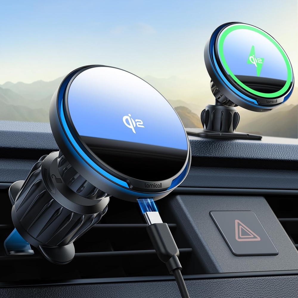 image:imageLamicall 15W for QI2 Magsafe Car Mount Charger Vent Dashboard RGB LED 360 Wireless Car Phone Holder HandsFree Magnetic Phone Holder for Car Charging for iPhone 17 Air Pro Max Plus 16 15 14 13 12Black