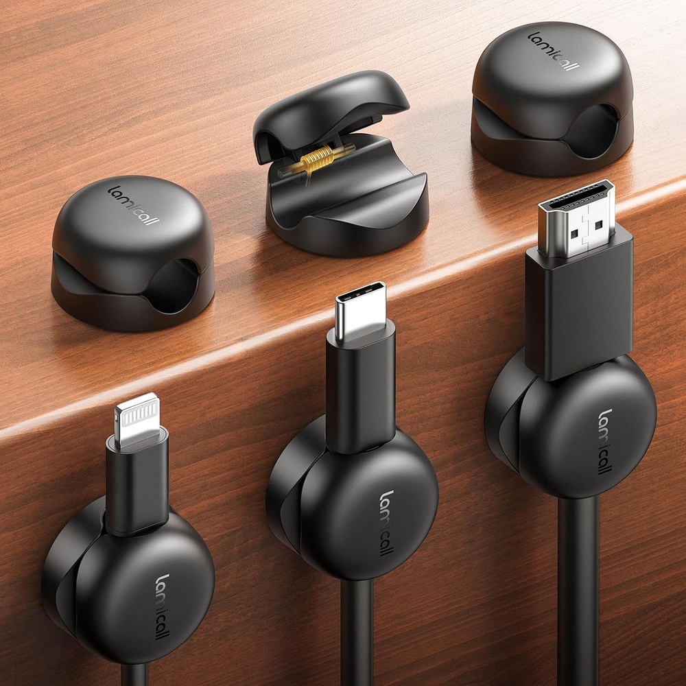 image:imageLamicall 6 Pack Cable Clips Compact Spring Cord Organizer Holder for Desk Smaller Space Saving Cable Management Clips Nightstand Phone Charger Holder Adhesive Wire Keeper Desk Office AccessoriesBlack