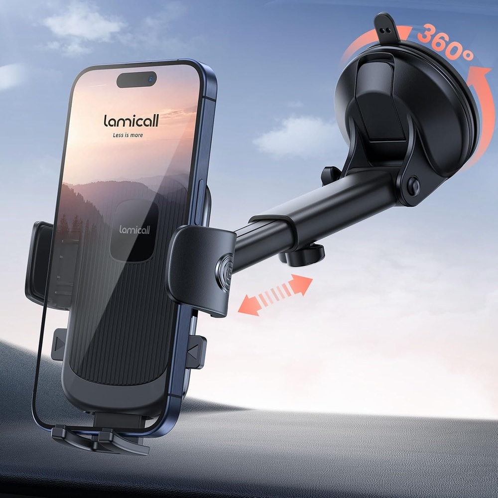 image:imageLamicall Car Phone Holder MilitaryGrade Suction Cup Dashboard Windshield 360 Rotation Phone Holders for Your Car Quick Release Adjustable Phone Mount for Car Truck for iPhone 17 16 15 14 Pro MaxBlack