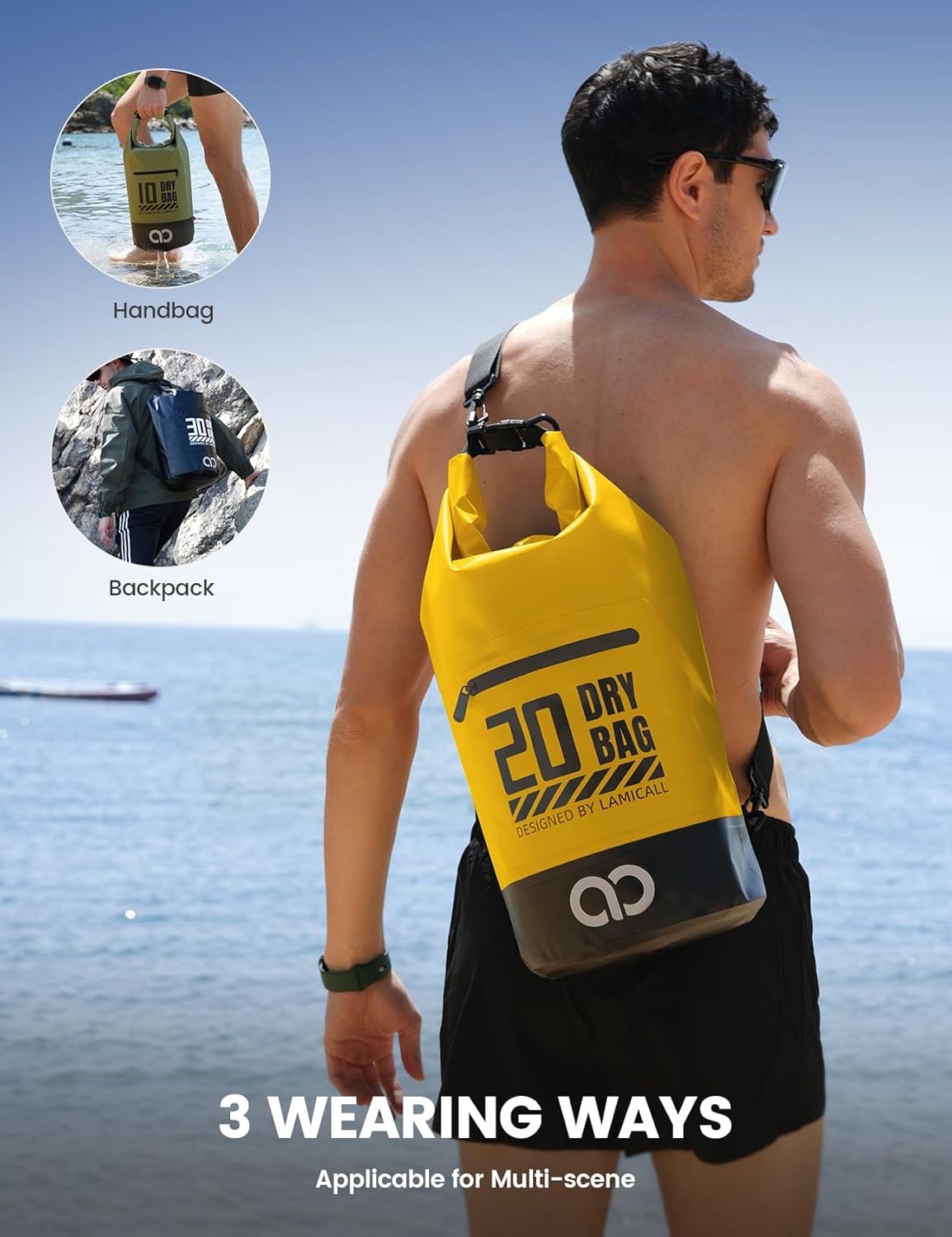 image:imageLamicall 10L amp 30L Dry Bag Waterproof Backpack Zippered Pocket Roll Top Waterproof Bag Olive Green amp Lemon Yellow