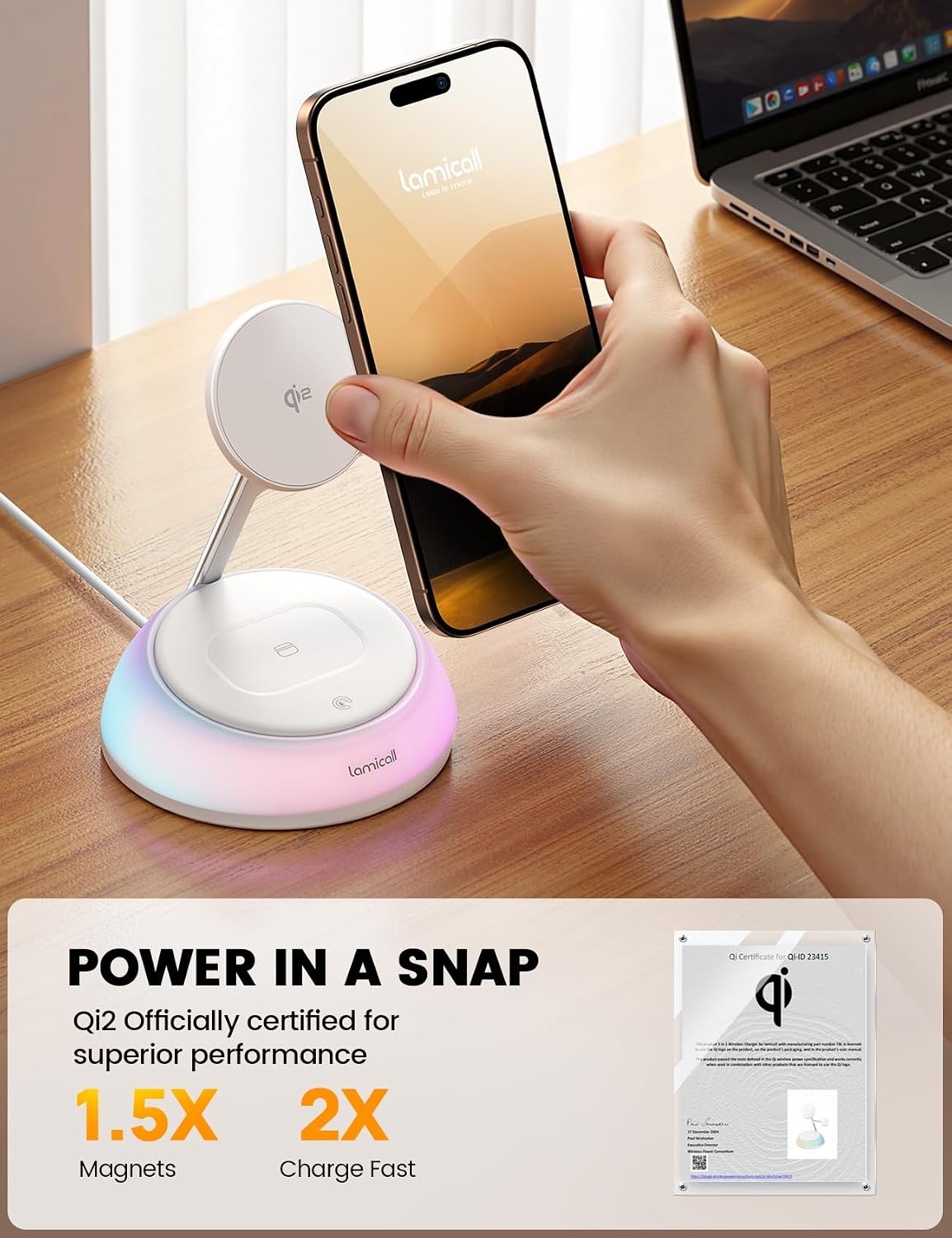 image:imageLamicall 15W Qi2 Charging Station for Apple amp Waterproof Phone Pouch