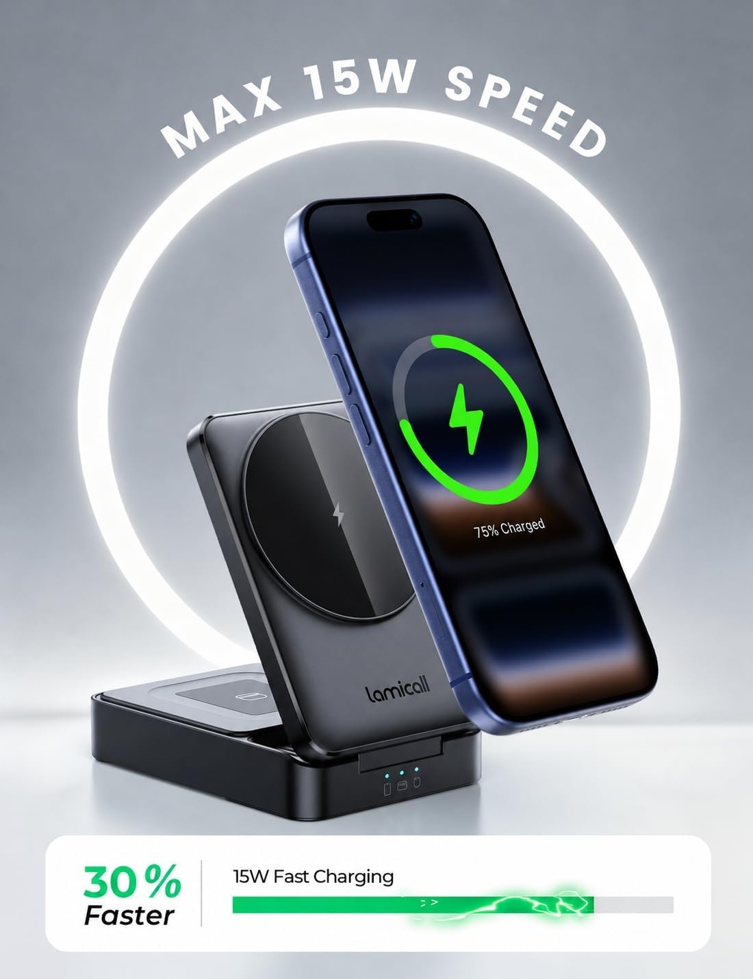 image:imageLamicall 15W Qi2 PalmSized 3in1 Foldable Charging Station for MagSafe TravelReady Wireless Charging Stand for iPhone 17 12 Series AirPods Apple Watch Ultra StayCool DesignNonBatteryBlack