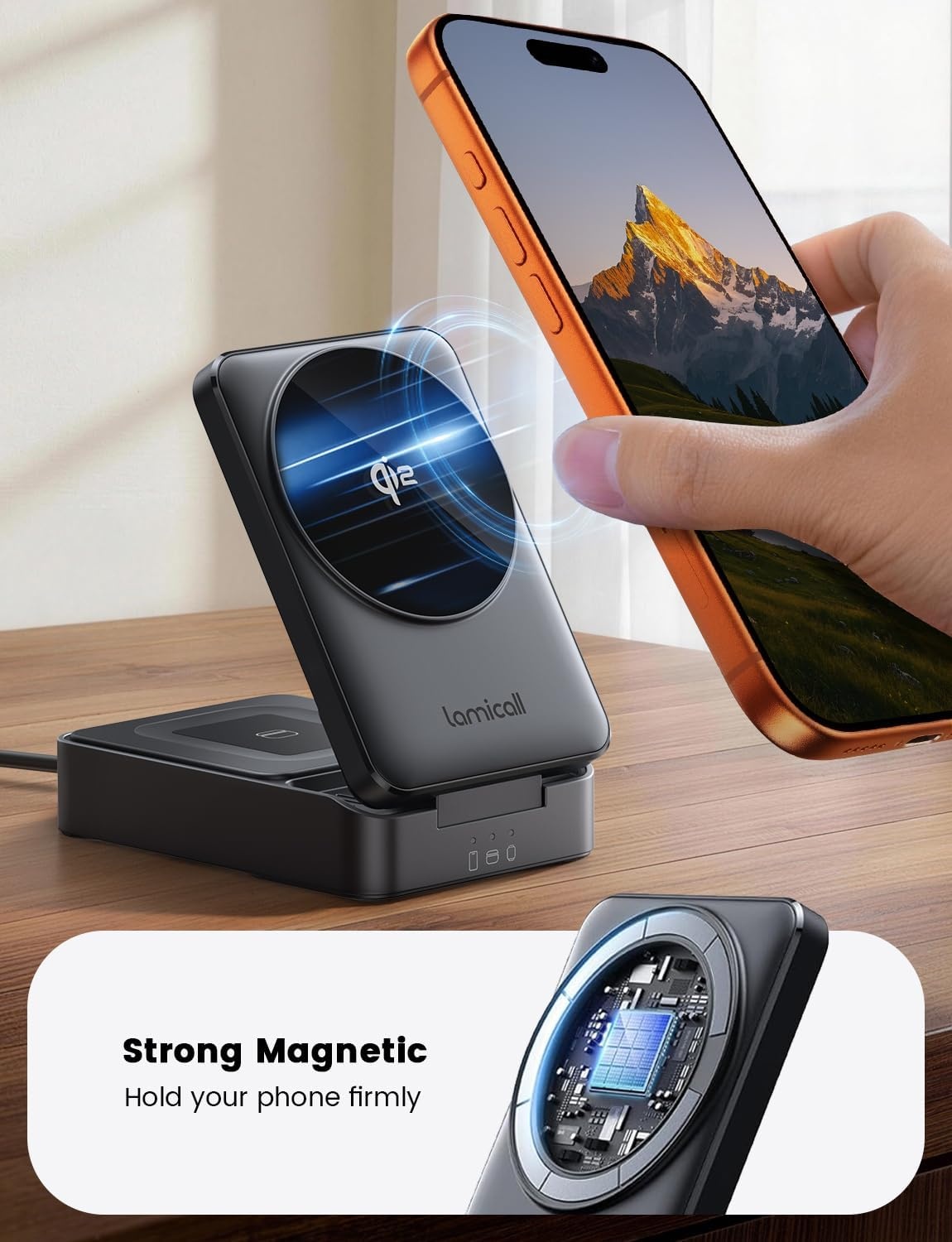 image:imageLamicall 15W Qi2 PalmSized 3in1 Foldable Charging Station for MagSafe TravelReady Wireless Charging Stand for iPhone 17 12 Series AirPods Apple Watch Ultra StayCool DesignNonBatteryNEW Upgraded Matte Black