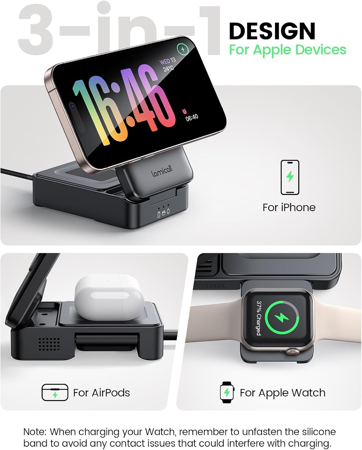 image:imageLamicall 15W Qi2 PalmSized 3in1 Foldable Charging Station for MagSafe TravelReady Wireless Charging Stand for iPhone 17 12 Series AirPods Apple Watch Ultra StayCool DesignNonBatteryEbony Adapter