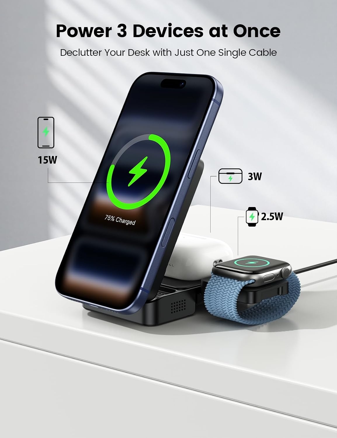 image:imageLamicall 15W Qi2 PalmSized 3in1 Foldable Charging Station for MagSafe TravelReady Wireless Charging Stand for iPhone 17 12 Series AirPods Apple Watch Ultra StayCool DesignNonBatteryBlack
