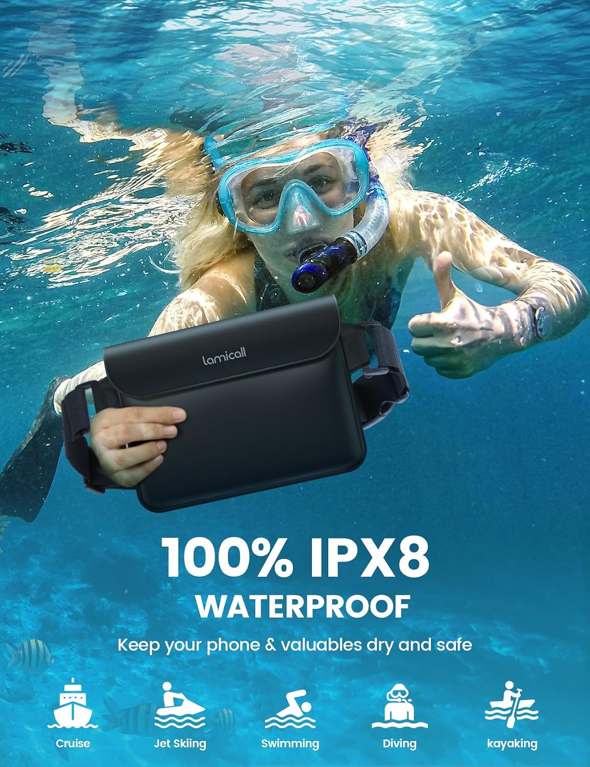 image:imageLamicall 2Pack Waterproof Fanny Packs Dry Bag Pouch Elastic Waist Strap Phone Waterproof Waist Pouch Dry Bag Beach Kayaking Swimming Cruise Essentials 87 for iPhone 16 15 14 13 Pro Max
