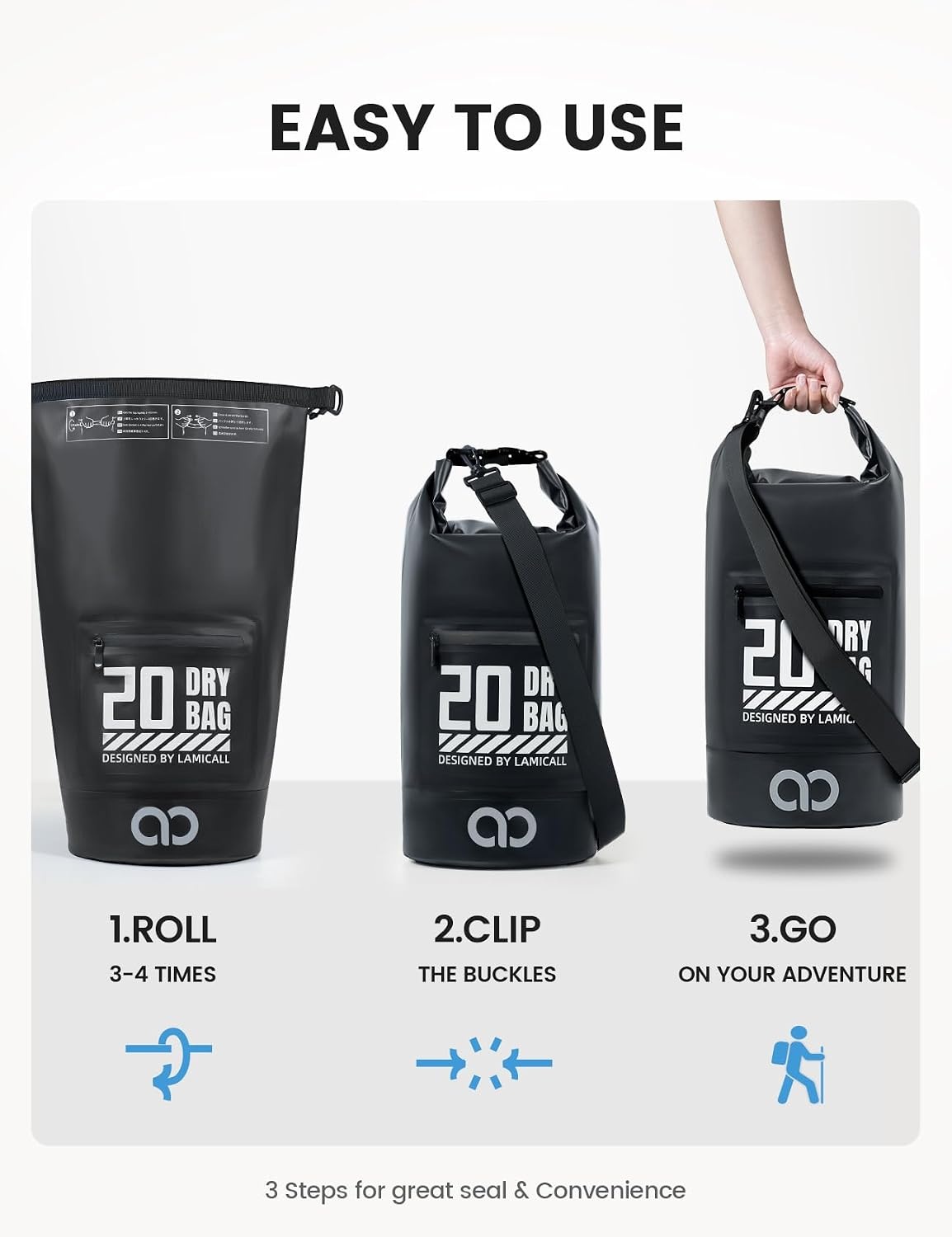 image:imageLamicall 30L amp 5L Dry Bag Waterproof Backpack Zippered Pocket Roll Top Waterproof Bag Blueish Gray amp Black