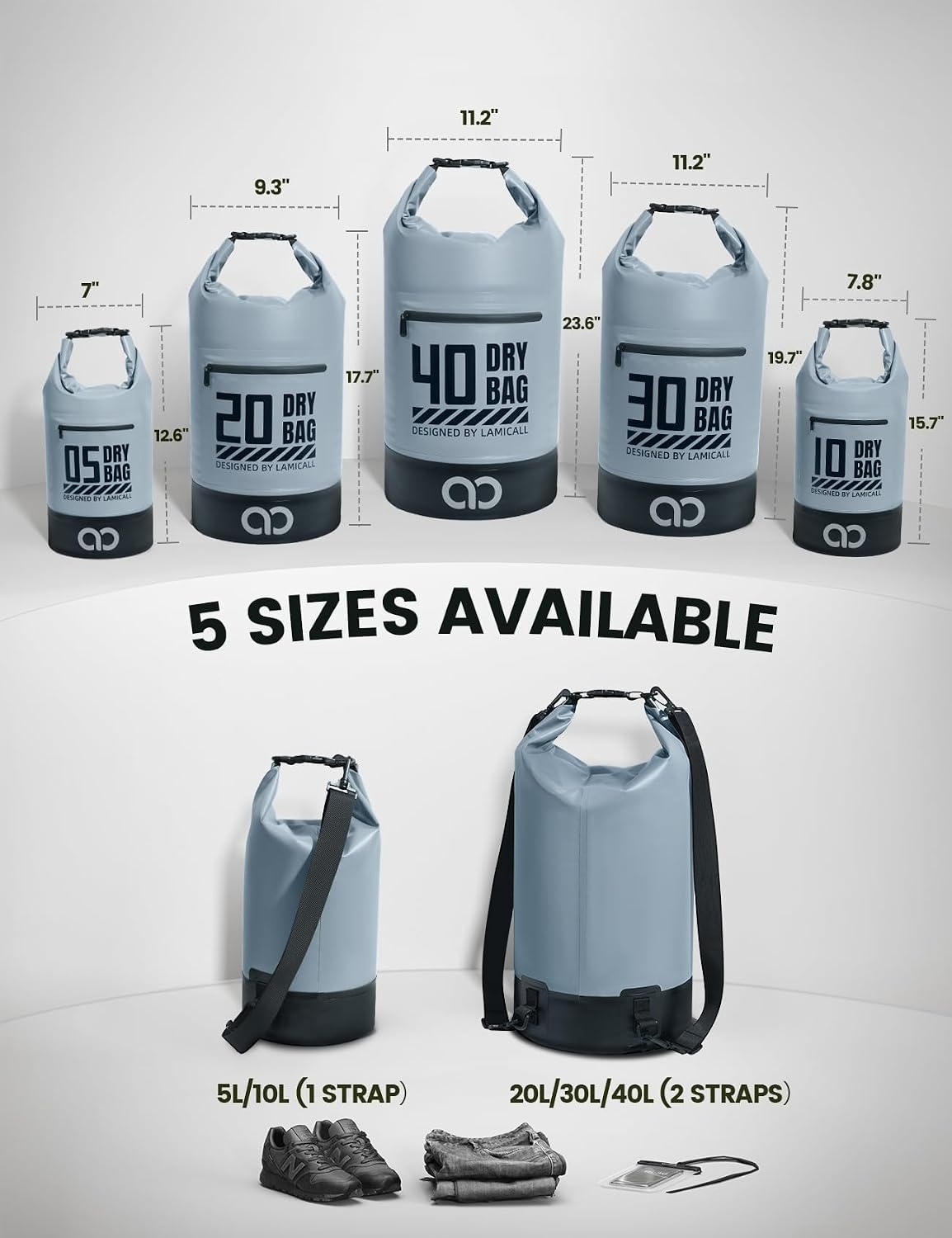 image:imageLamicall 30L amp 5L Dry Bag Waterproof Backpack Zippered Pocket Roll Top Waterproof Bag Blueish Gray amp Black