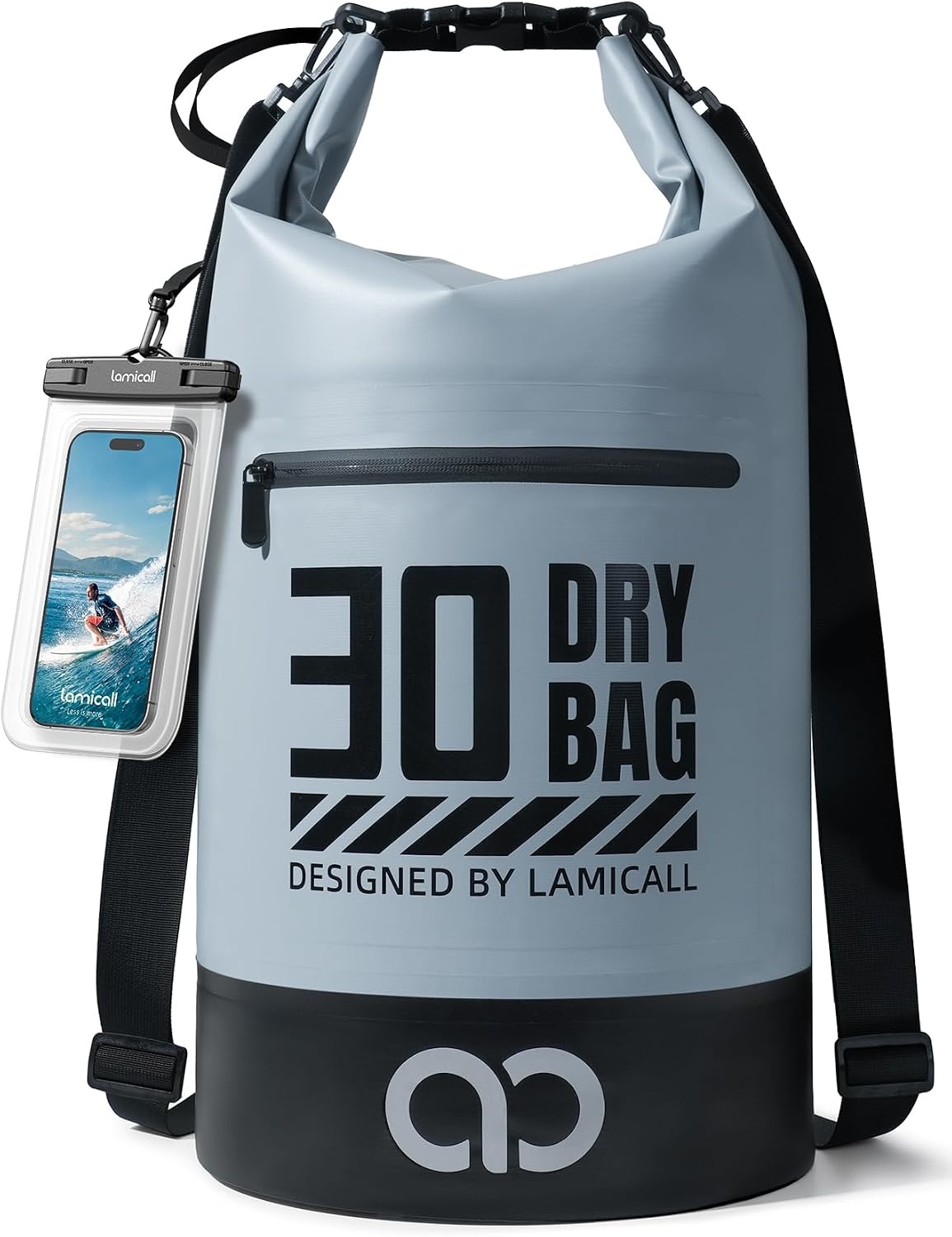 image:imageLamicall 30L amp 5L Dry Bag Waterproof Backpack Zippered Pocket Roll Top Waterproof Bag Blueish Gray amp Black