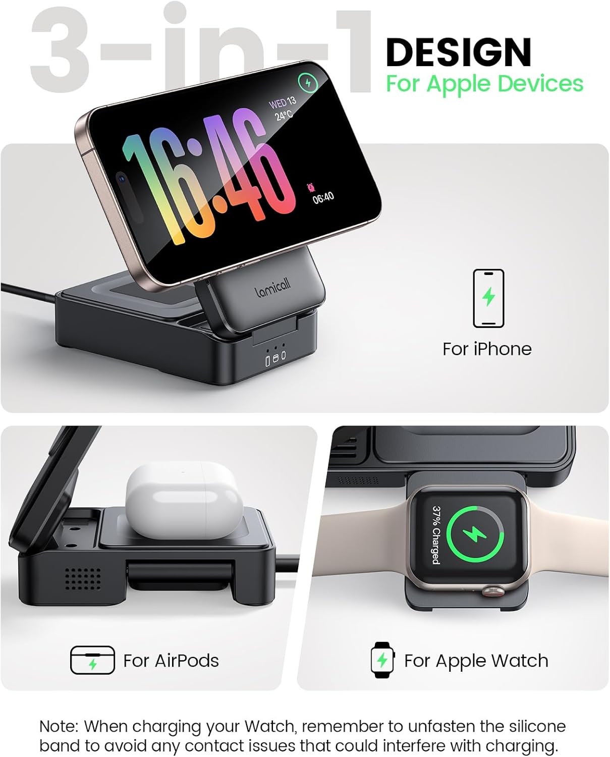 image:imageLamicall 3in1 Foldable Charging Station for Apple MagSafe PalmSized TravelReady Wireless Charging Stand for iPhone 171615141312 Series Apple Watch amp AirPods StayCool DesignEbony Adapter