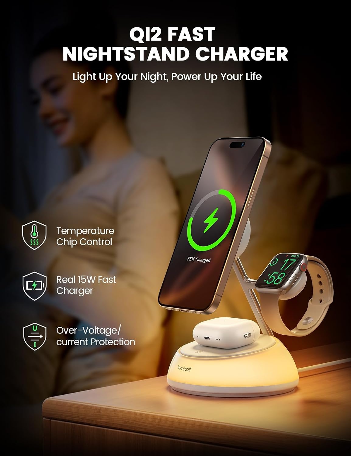 image:imageLamicall 4in1 Qi2 Certified Wireless Charging Station for Magsafe LED Night Light 15W Fast Magnetic Charger Stand Gifts Compatible for iPhone 17 16 15 14 13 Series Watch Air pods 30W AdapterMiddle