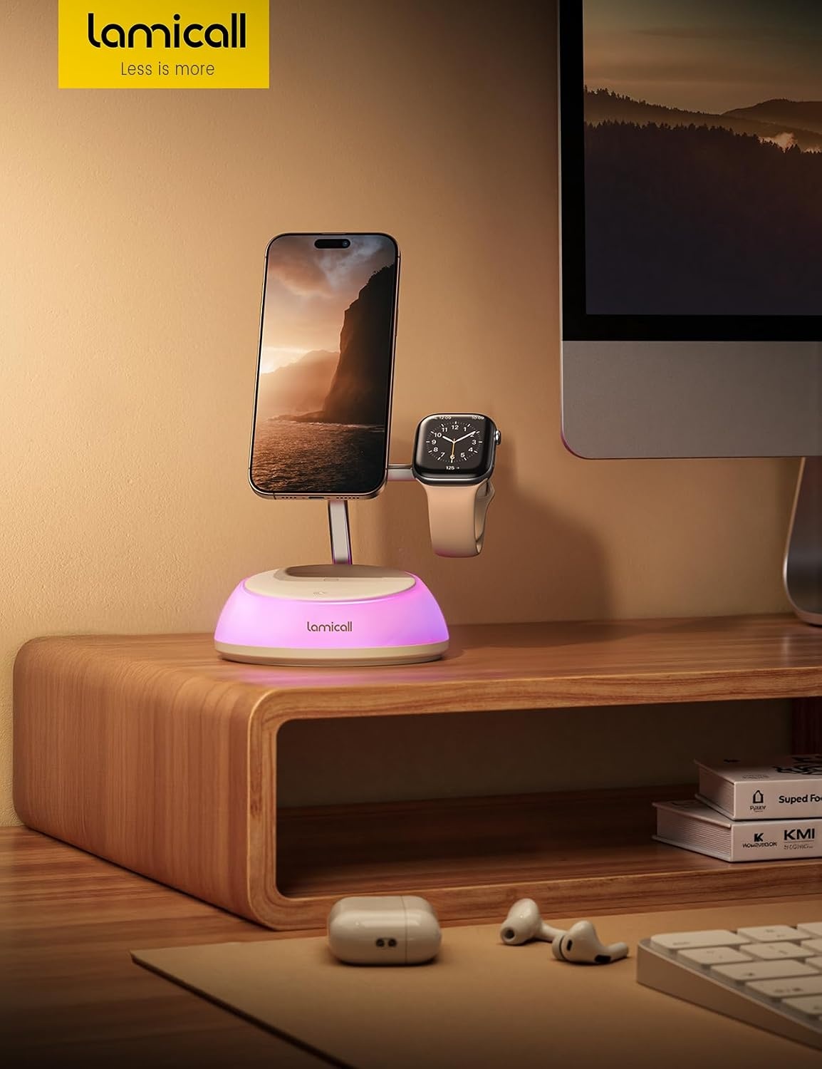 image:imageLamicall 4in1 Qi2 Certified Wireless Charging Station for Magsafe LED Night Light 15W Fast Magnetic Charger Stand Gifts Compatible for iPhone 17 16 15 14 13 Series Watch Air pods 30W AdapterMiddle