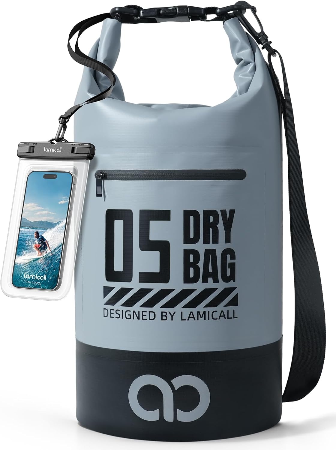 image:imageLamicall 5L amp 30L Dry Bag Waterproof Backpack Zippered Pocket Roll Top Waterproof Bag Blueish Gray amp Black