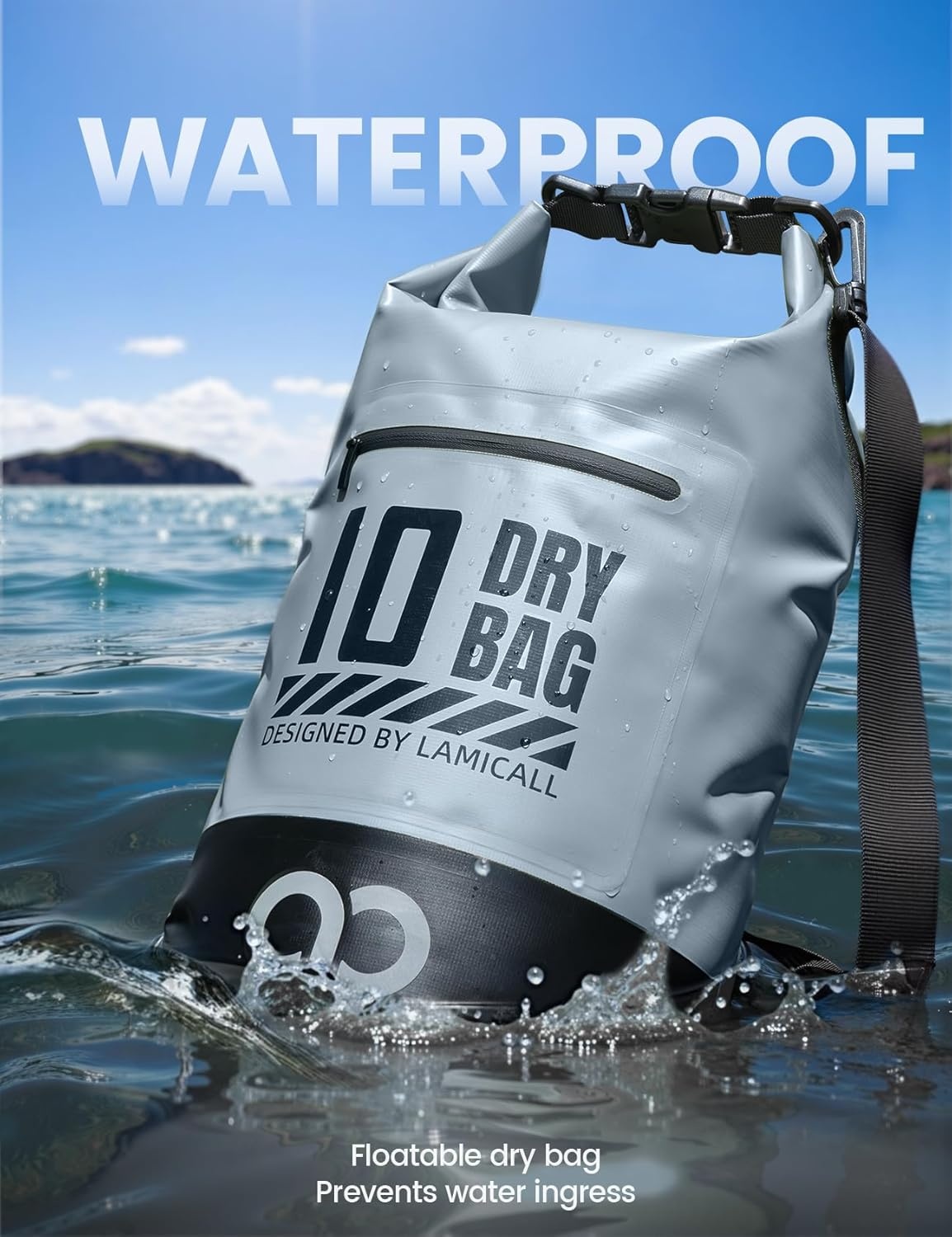 image:imageLamicall 5L amp 30L Dry Bag Waterproof Backpack Zippered Pocket Roll Top Waterproof Bag Blueish Gray amp Black