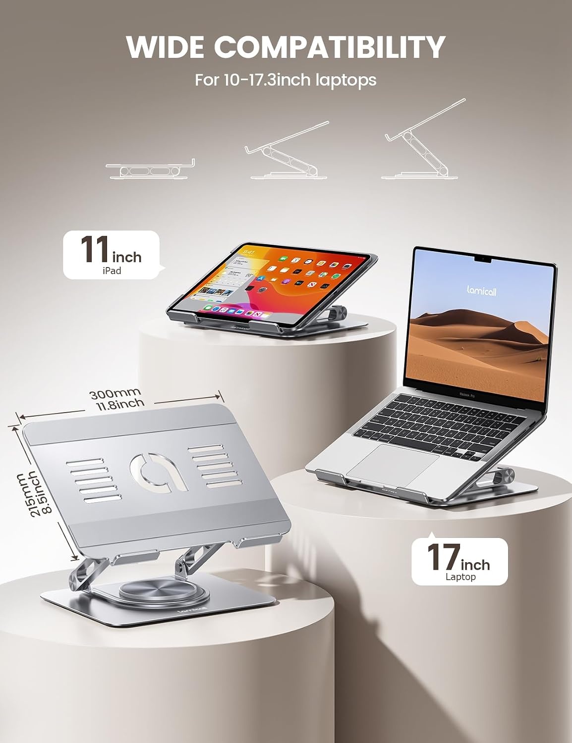 image:imageLamicall Adjustable Laptop Stand for Desk 360 Rotating Base for 10173 Aluminum Laptop Riser Ergonomic Computer Stand Foldable Protable fits MacBook Neo Air Pro Dell HP Lenovo Office Home BlackNEW Upgraded Silver